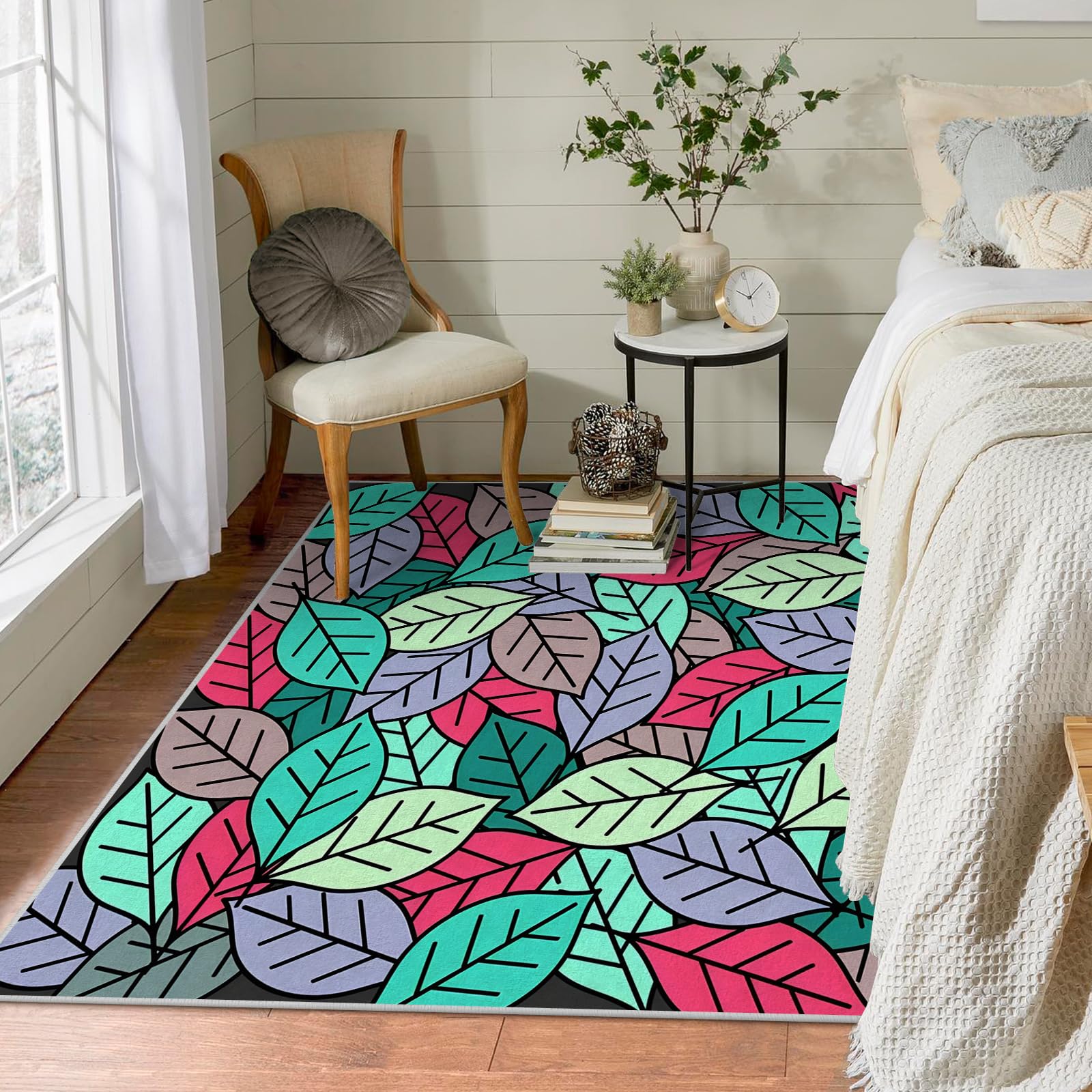 Großer waschbarer Kurzflor-Teppich 200x300 - Blätter Farbig Teppiche - Moderne Ästhetik Dünn Saugfähig Vielseitig Carpet für Wohnzimmer Schlafzimmer Oder Als Bettvorlege A&190