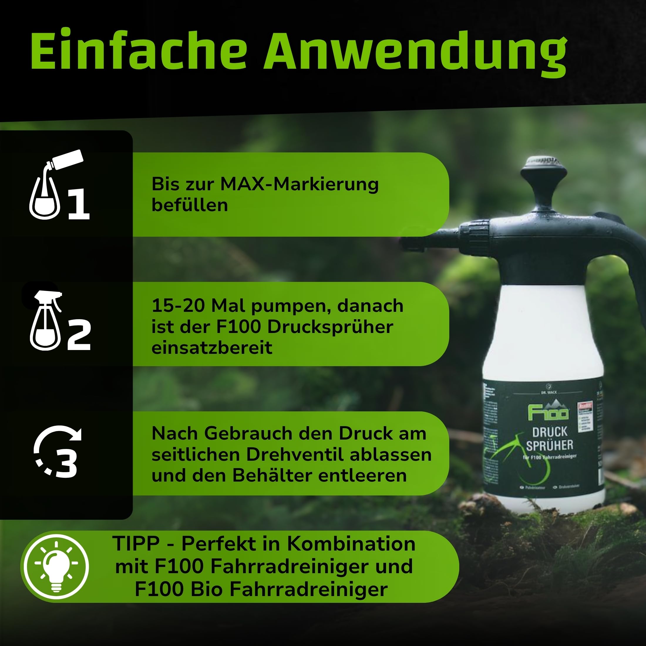 DR. WACK F100 Drucksprüher 925 ml - Leere Sprühflasche für Fahrradreiniger - Pumpflasche mit Drehventil - Schnelle & einfache Fahrradreinigung - Fahrrad Zubehör - Hochwertige Fahrradpflege