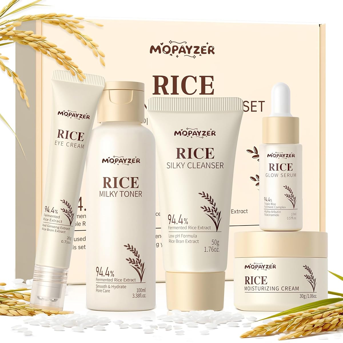 5PCS Rice Skincare Set, Korean Skin Care Set for Women Teens Girls, Rice Cleanser Toner Serum Face Cream Eye Cream, Hydrating Moisturizing Skin Care Set for Daily Face Care Routine