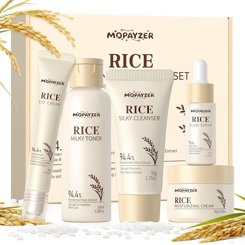 5PCS Rice Skincare Set, Korean Skin Care Set for Women Teens Girls, Rice Cleanser Toner Serum Face Cream Eye Cream, Hydrating Moisturizing Skin Care Set for Daily Face Care Routine