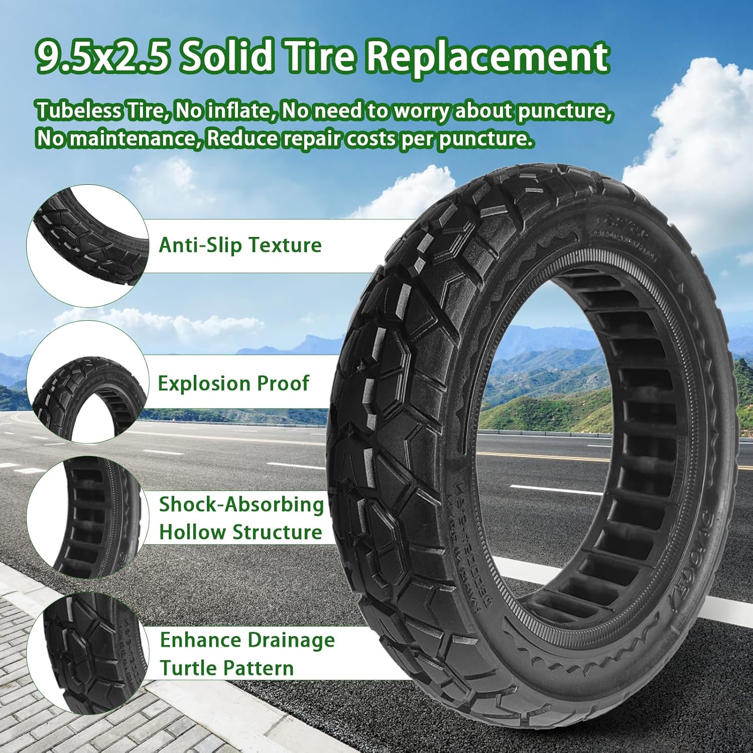 9.5 x 2.50 Off-road Solid Tire, 9.5x2.5-6.1 Tires Replacement, 9.5 inch Scooter Tubeless Solid Tire, for NIU KQi3 Pro/Max/Electric Scooter [Puncture-Proof] [Anti-Skid] [Wear-Resistant] (2 Pack)
