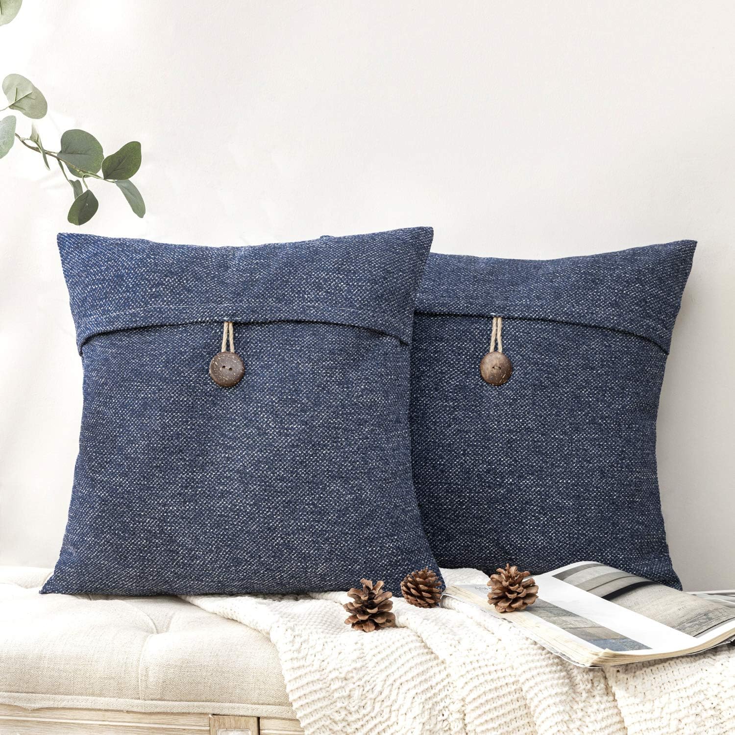 Phantoscope Pack of 2 Farmhouse Throw Pillow Covers Button Vintage Linen Decorative Pillow Cases for Couch Bed and Chair Navy Blue 18 x 18 inches 45 x 45 cm : Home & Kitchen