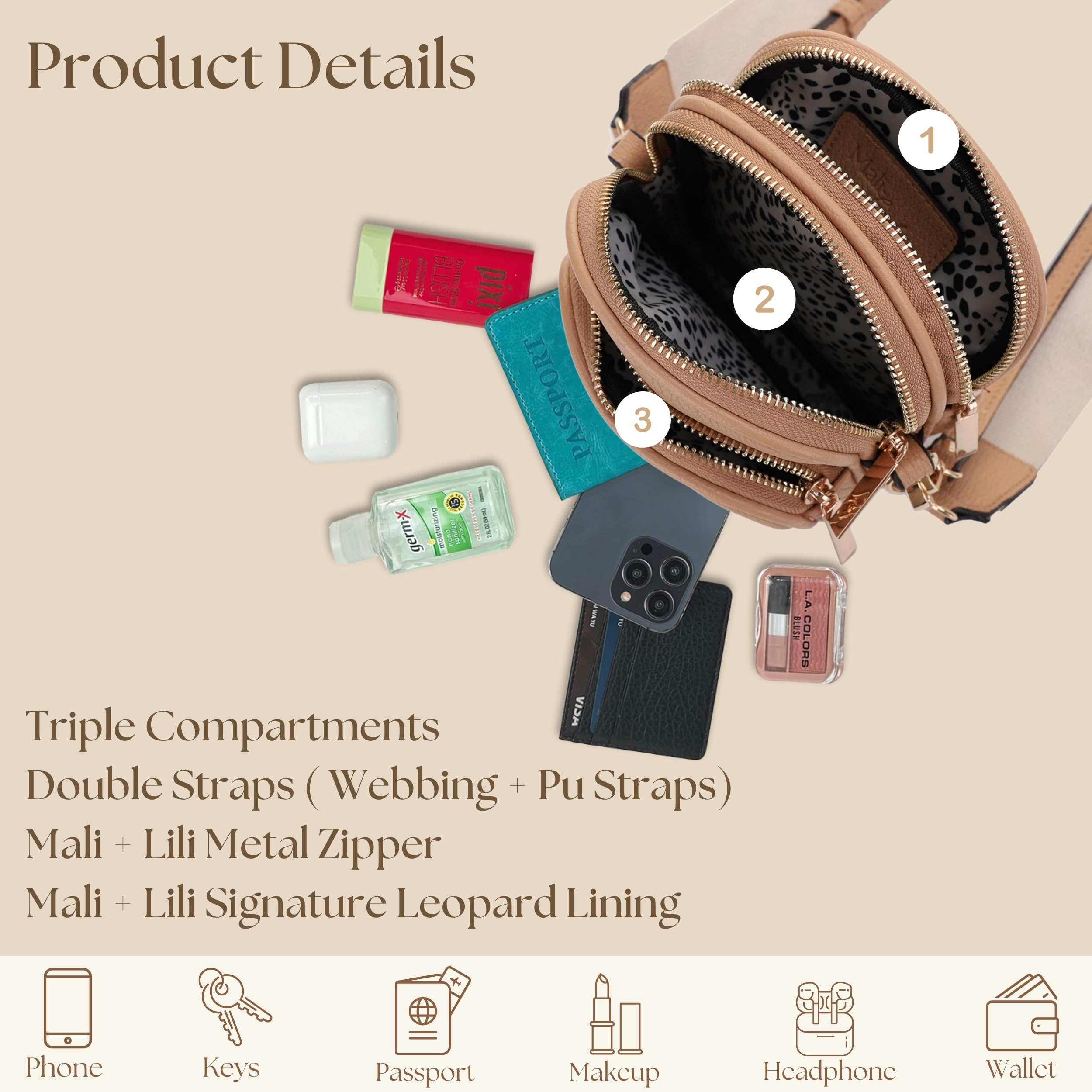 Mali+Lili Small Crossbody Bag for Women, Triple Compartment Shoulder Bag with Double Strap