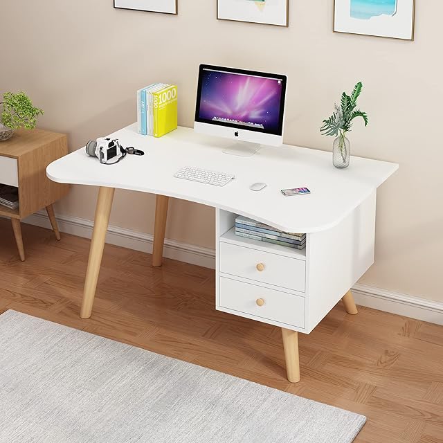 LEPTIS MAGNA Desk, Computer Desk for Student and Work, Computer Desk with Drawers and Shelf, Modern Computer Table, Stylish Home Office Desk for Bedrooms, Office, Gaming (White, 80cm)