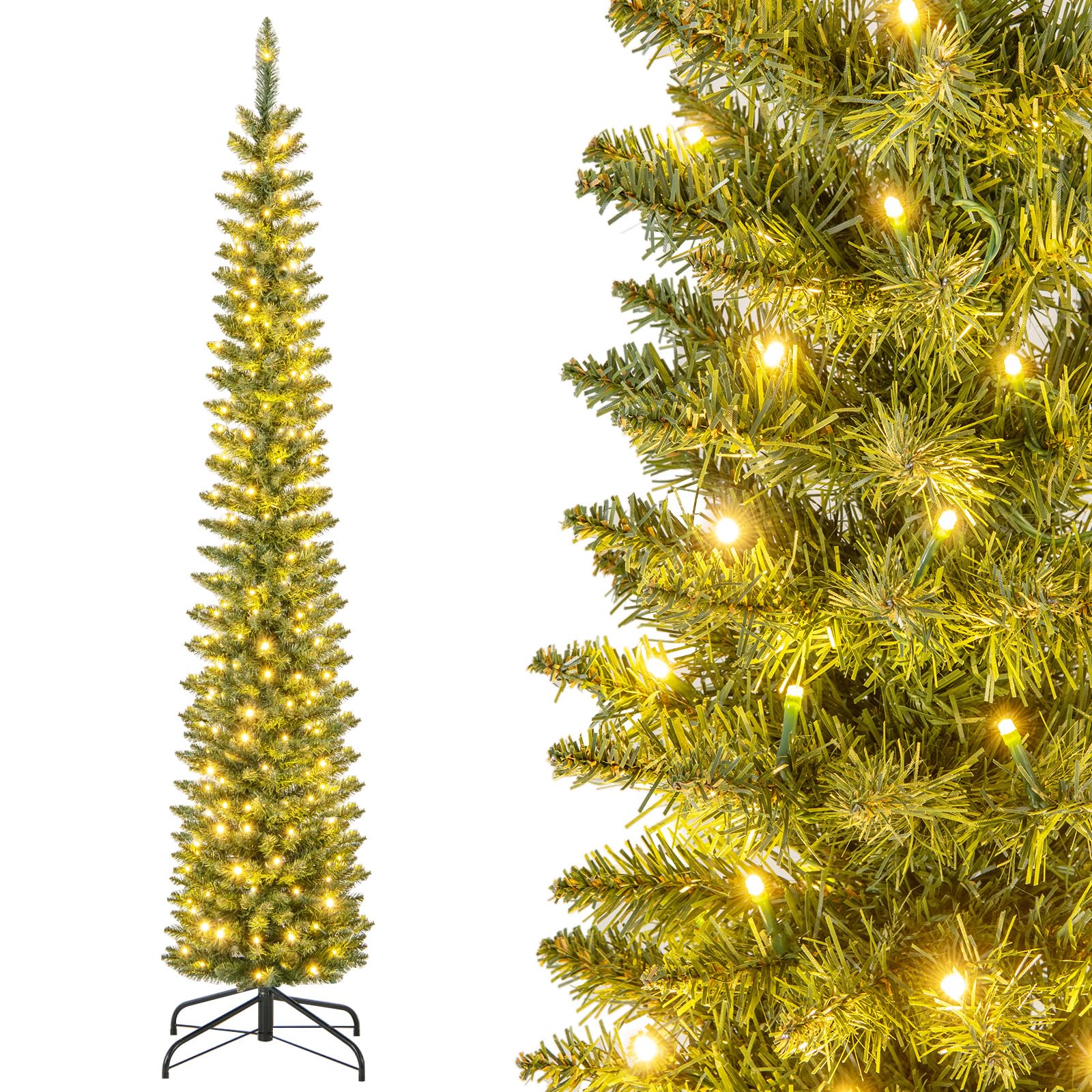 COSTWAY Arbol de Navidad con Luces Incorporadas 210 CM, Arbol de Navidad Slim/Estrecho, 499 Puntas, 200 Luces LED Blancas Cálidas, Arvore de Natal Casa Oficina Escuela Tienda