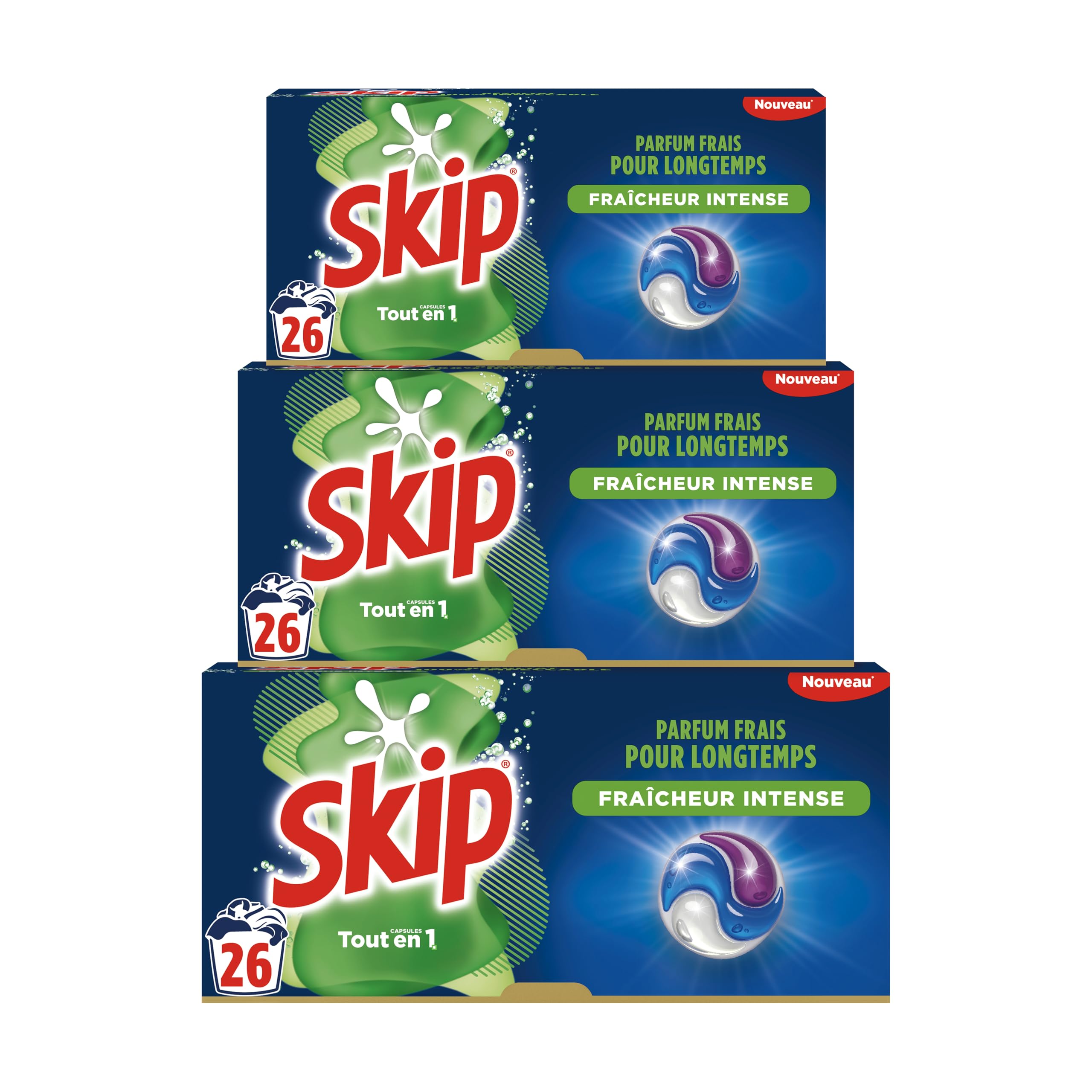 Skip Flüssigwaschmittel in Kapseln, intensive Frische 3-in-1, 78 Waschgänge, makelloses und effektives Ergebnis ab 30 °C, ohne Kunststoffverpackung (3 x 26 Stück)
