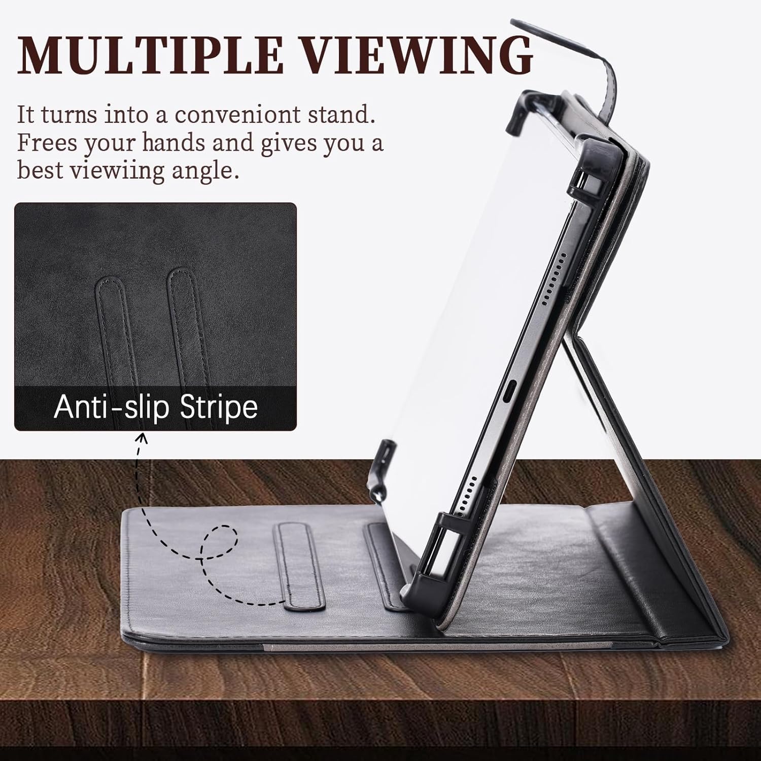 Tablet case in stand mode, highlighting the anti-slip stripe for stability.