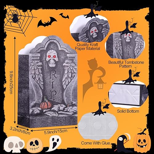 Miniatura 3 de Yeaqee 48 bolsas de papel de lápida de Halloween, bolsas de regalo de dulces de Halloween, bolsas de golosinas para dulce o truco, bolsas de