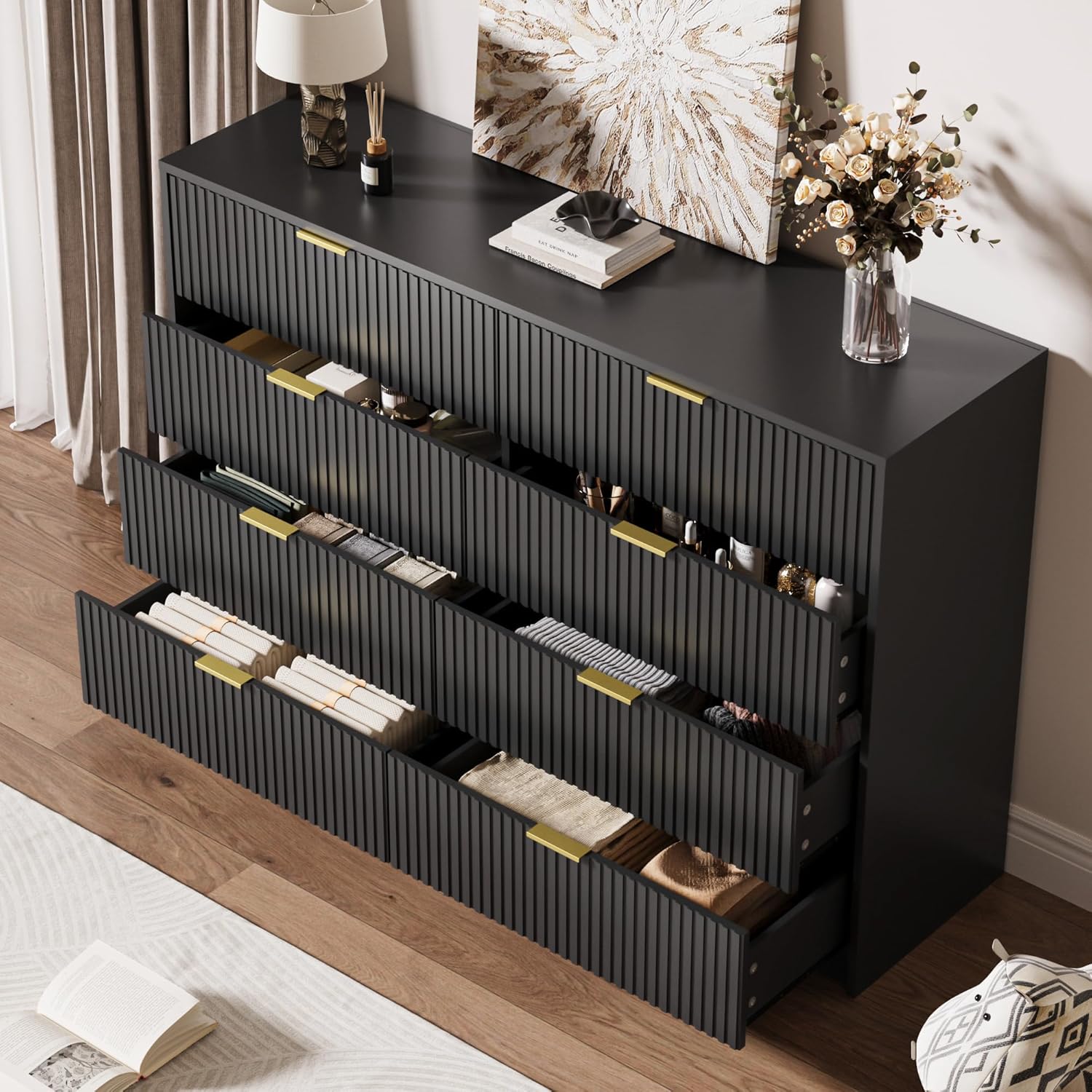 Dresser for Bedroom, 8 Drawer Double Dresser, Modern Chest of Drawers for Bedroom, Living Room, Entryway and Closet, 55" L x 15.7" D x 37.4" H, Black