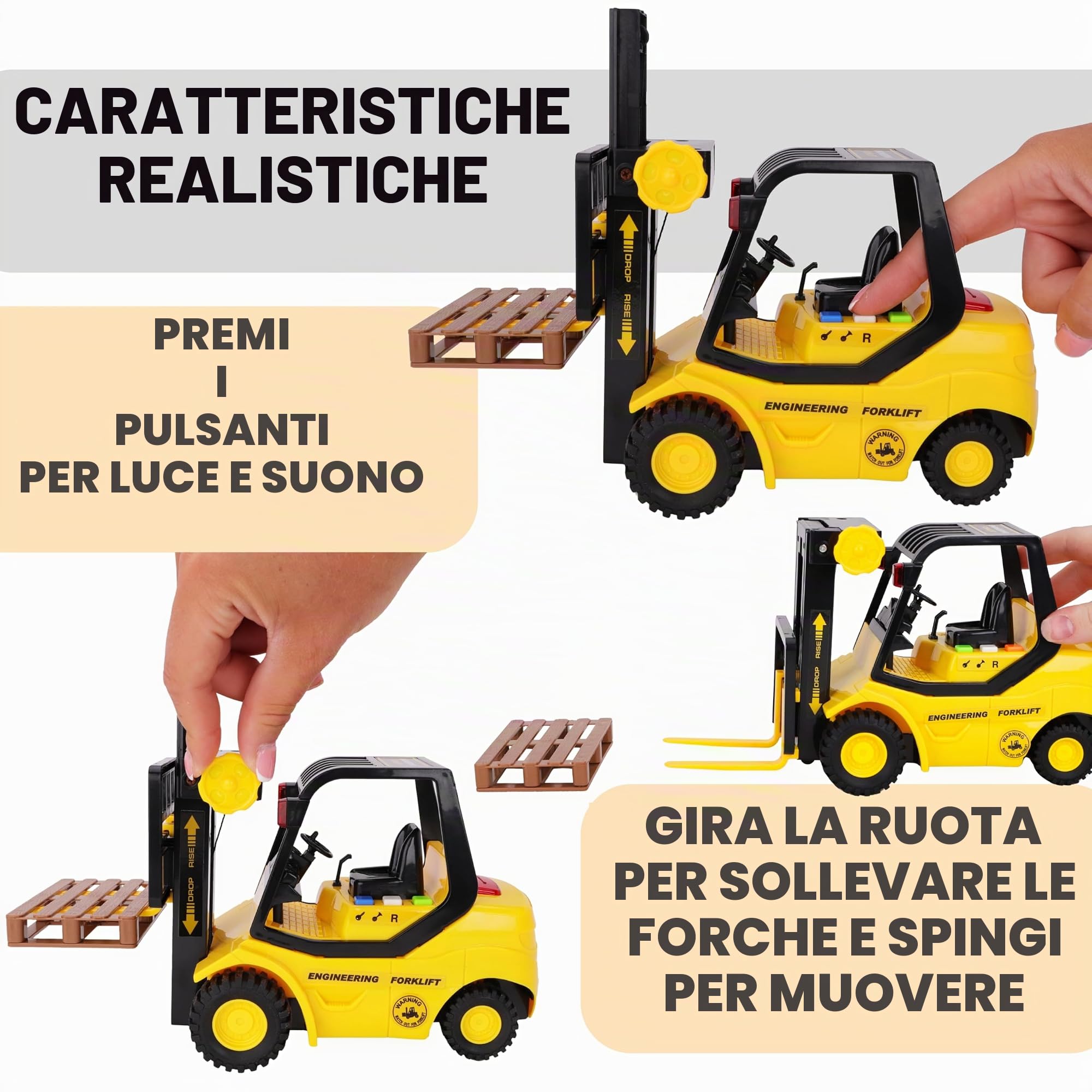 Toyland® 23 cm (9") Transpallet con carrello elevatore a frizione - Scala (1:16) - Giocattolo da costruzione per ragazzi con luci e suoni - Dai 3 anni in su