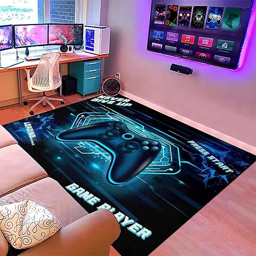 Alfombra de área grande para habitación de los niños, controlador de gamepad 3D, color azul, para sala de estar, adolescente, jugador, sala de