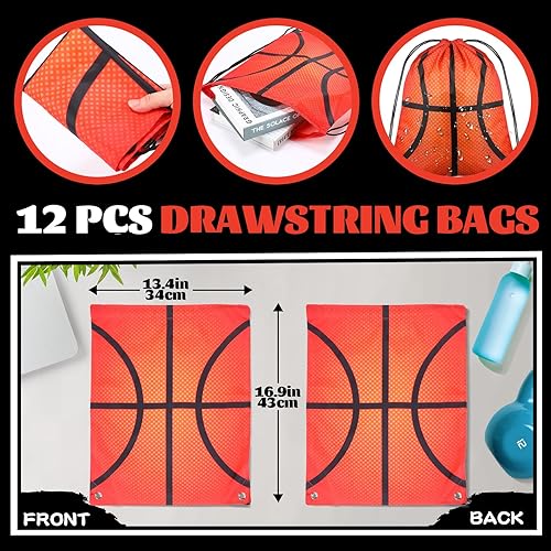 Miniatura 2 de Juego de 124 piezas de baloncesto para fiesta, 12 bolsas de baloncesto con cordón de 13 x 17 pulgadas, 12 mini bolas antiestrés, 100 calcomanías,