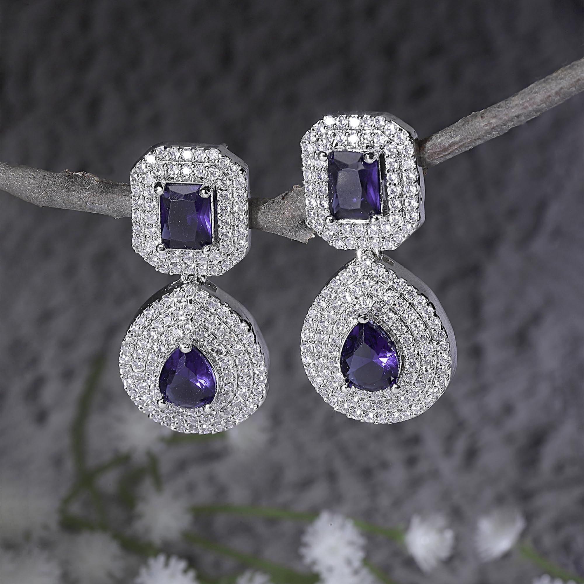 Rhodium-Plated Square & Teardrop Drop Earrings