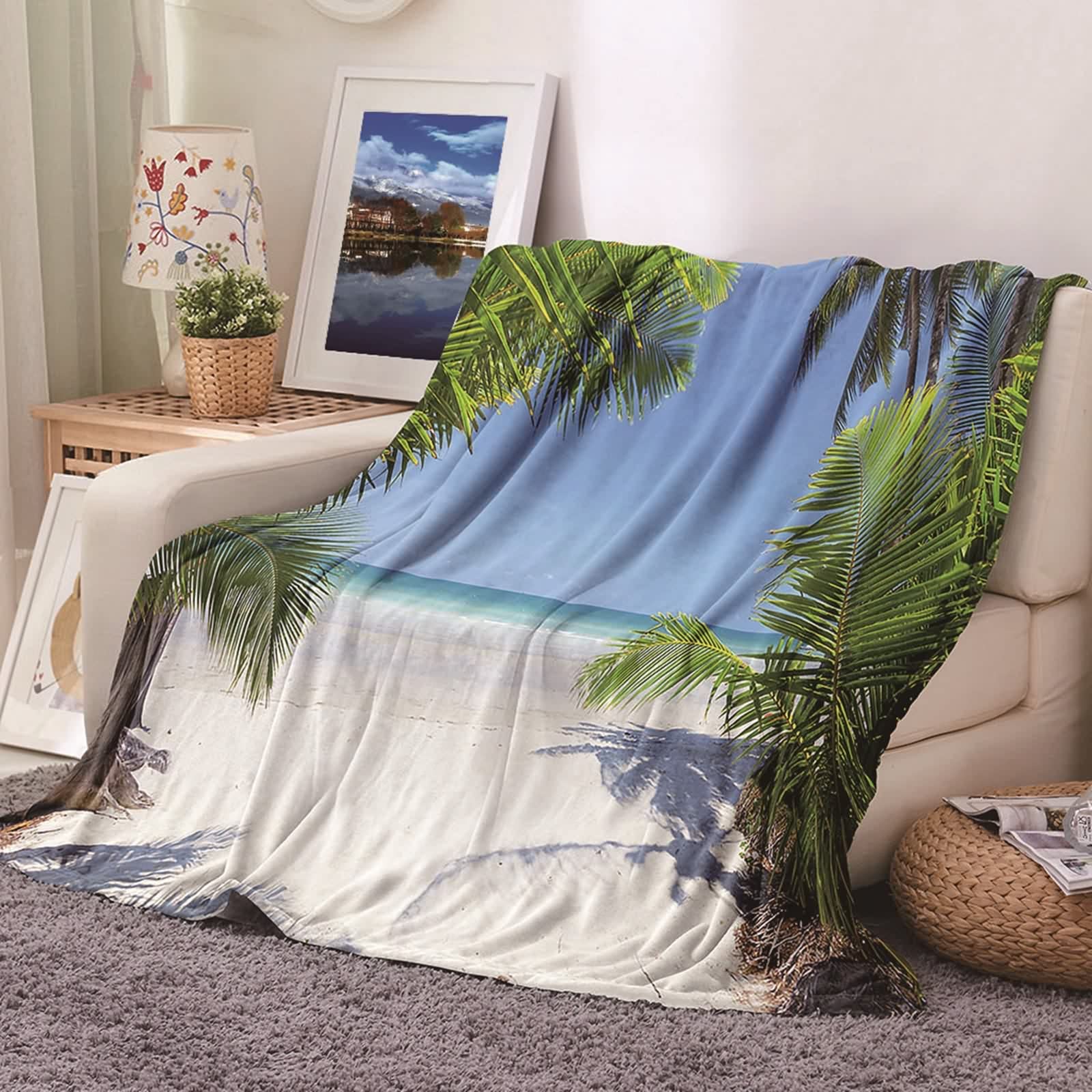 Couverture polaire flannel KnSam 100x150cm motif plage cocotiers bleu vert pour canapé et chambre