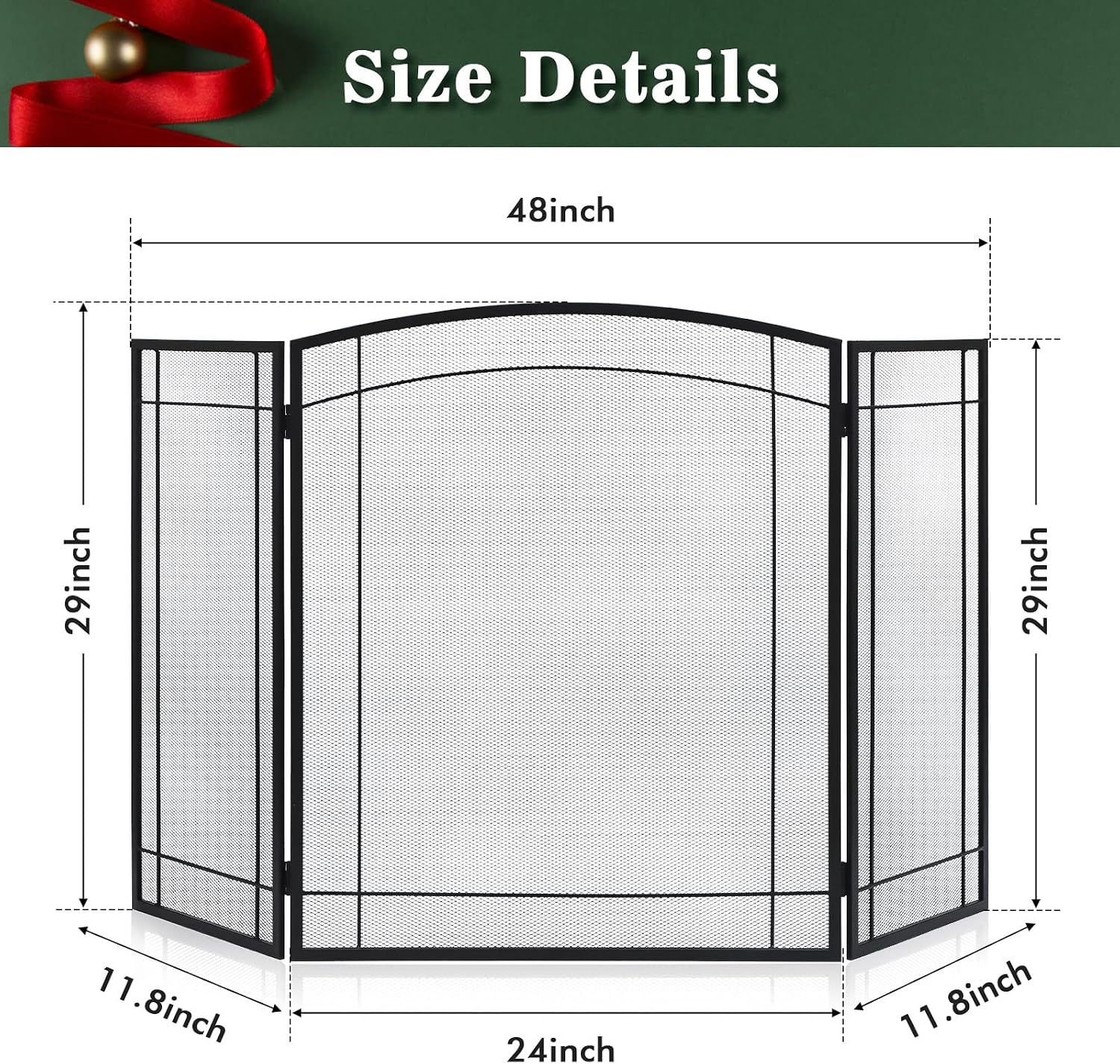 FEED GARDEN 3 Panel Fireplace Screen 48" W x 29" H Modern Foldable with Wrought Metal Decorative Mesh,Arch Heavy Duty Fire Spark Guard Cover for Home Decor Indoor, Black