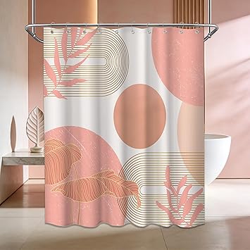Coral Shower Curtain White and Peach Color Shower Curtains for Bathroom Decor Abstract MCM Girls Bath Curtain Set, Waterproof Fabric with Hooks 60 x 72 Inch