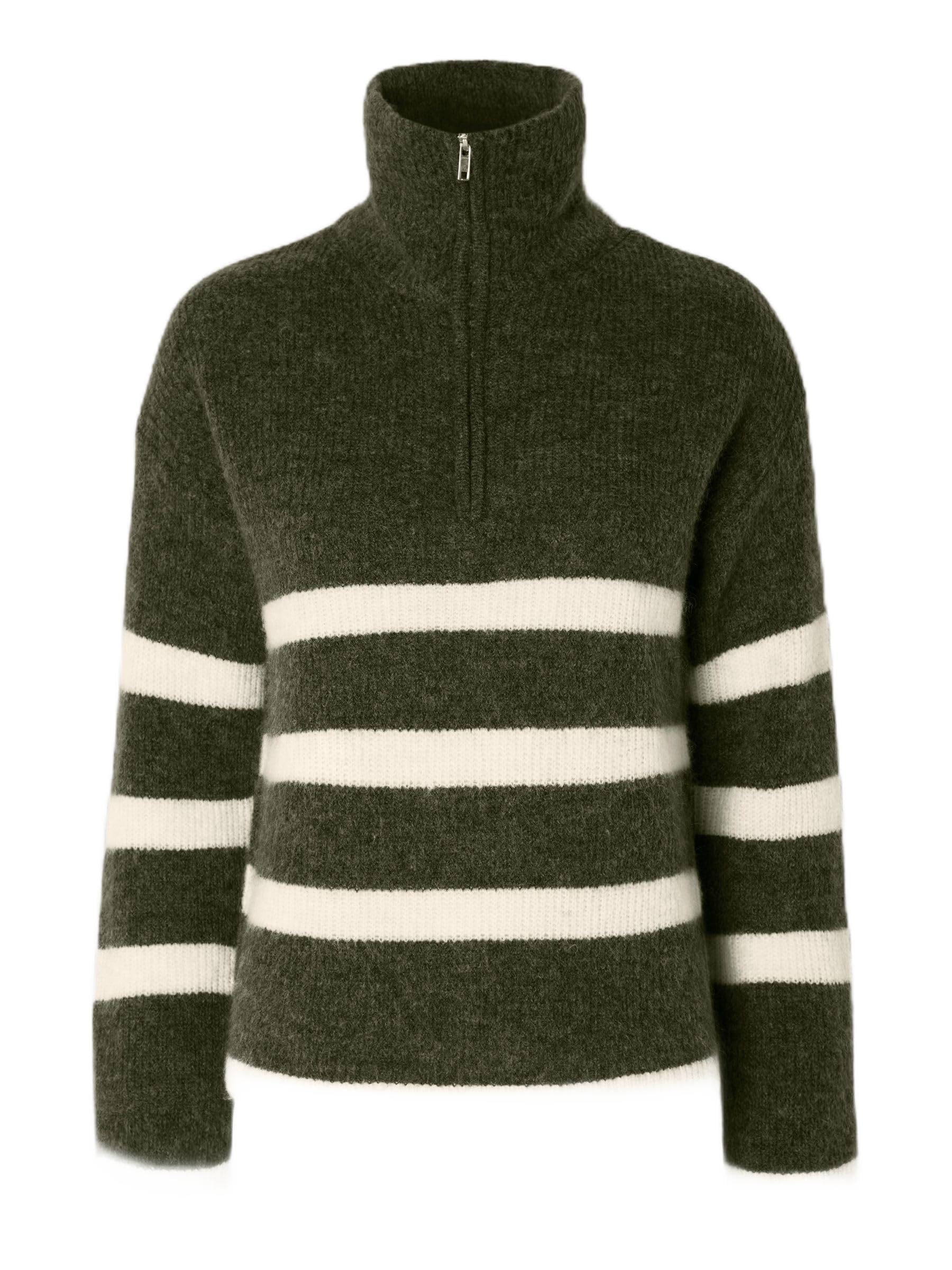 SELECTED FEMME Women's Slfmaline Ls Knit Half Zip Noos Jumper, Kalamata/Stripes: Birch, L