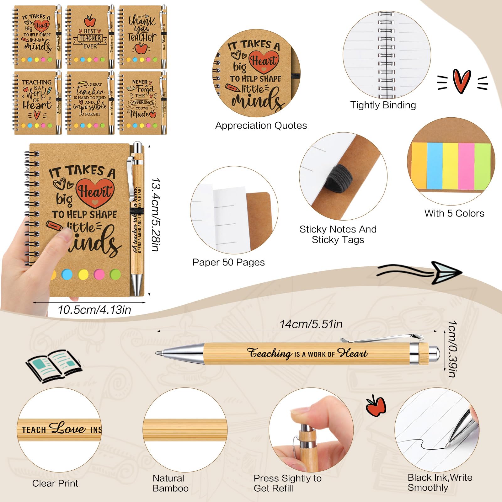 Thenshop Set regalo di apprezzamento per insegnanti, 24 pezzi, 473,6 g, 6 tazze di vetro per insegnanti di ringraziamento, 6 quaderni a spirale, 6 penne a sfera e 6 bambole all'uncinetto, regali di