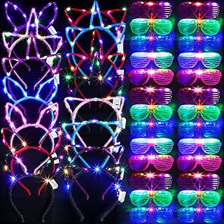 15 Pcs LED Light up Glasses 15 pcs LED Cat Ear Headband Cute Cat Rabbit Unicorn Ears Headband 5 Colors Glowing Sunglasses 2022 Glow in The Dark Party Supplies Neon Party Favors Wedding