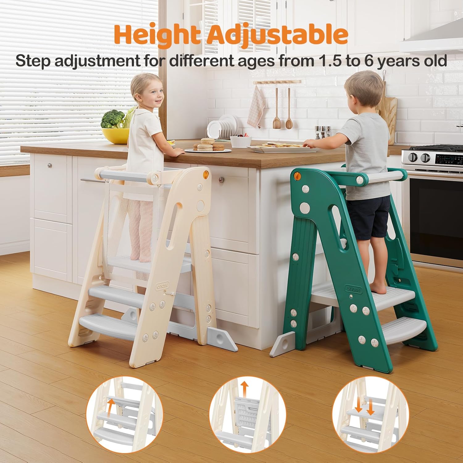 Onasti Foldable Toddler Tower Kitchen Stool Helper, Adjustable Height Learning Standing Tower with Safety Rail, Anti-Slip Steps, Kids Step Stool for Kitchen Counter and Bathroom Sink-Grey