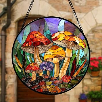 DASTOLL Stained Glass Window Hanging, Jungle Mushrooms Sun Catchers Diamond Glass Panel Hangings Plant Suncatcher Decor for Birthday for Women, Men, Wife, Aunt, and Mom 7.8 in
