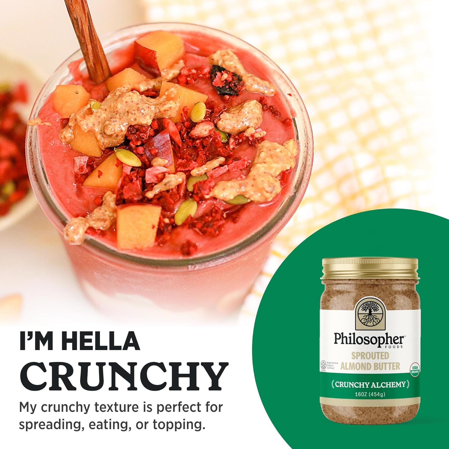 Philosopher Foods - Creamy + Crunchy Alchemy Sprouted Almond Butter - 16 oz (Pack of 2) - Stone Ground Regenerative Organic Creamy Almond Nut Butter No Sugar Added