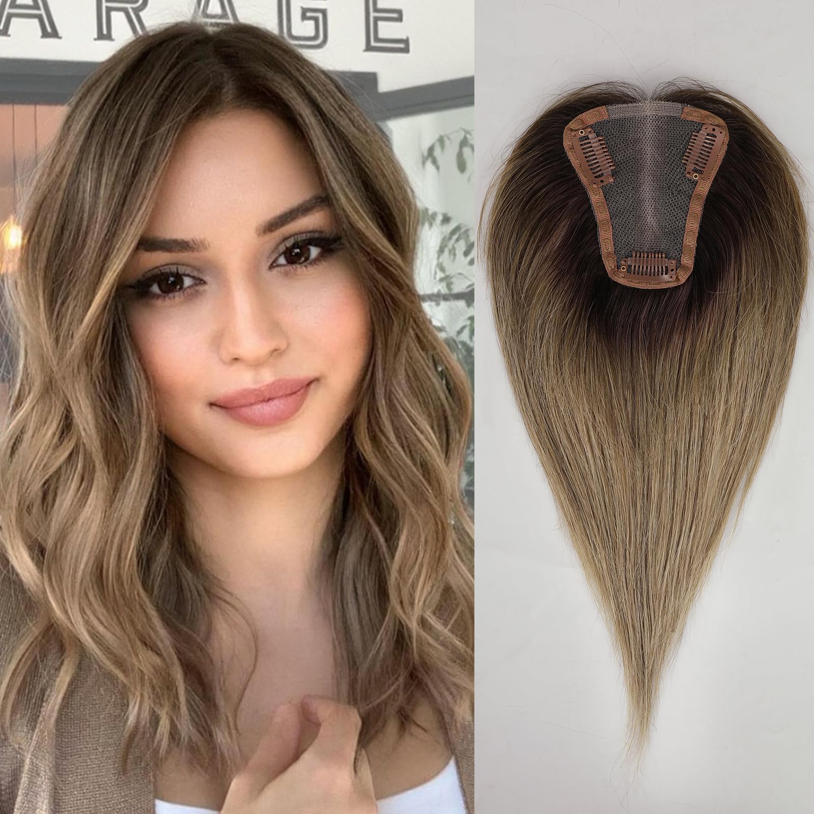 EMMOR Hair Topper for Women 100% Remy Human Hair for Women With Thinning Hair Loss Cover Gray Hair, Three Clips on Topper