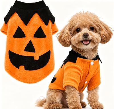 Dog Halloween Sweater Soft Fleece Puppy Cat Fall Winter Clothes Cute Pumpkin Halloween Dog Costumes with Sleeves Funny Doggie Outfits for Kitten Small Dogs Chihuahua Party (Orange, Small)