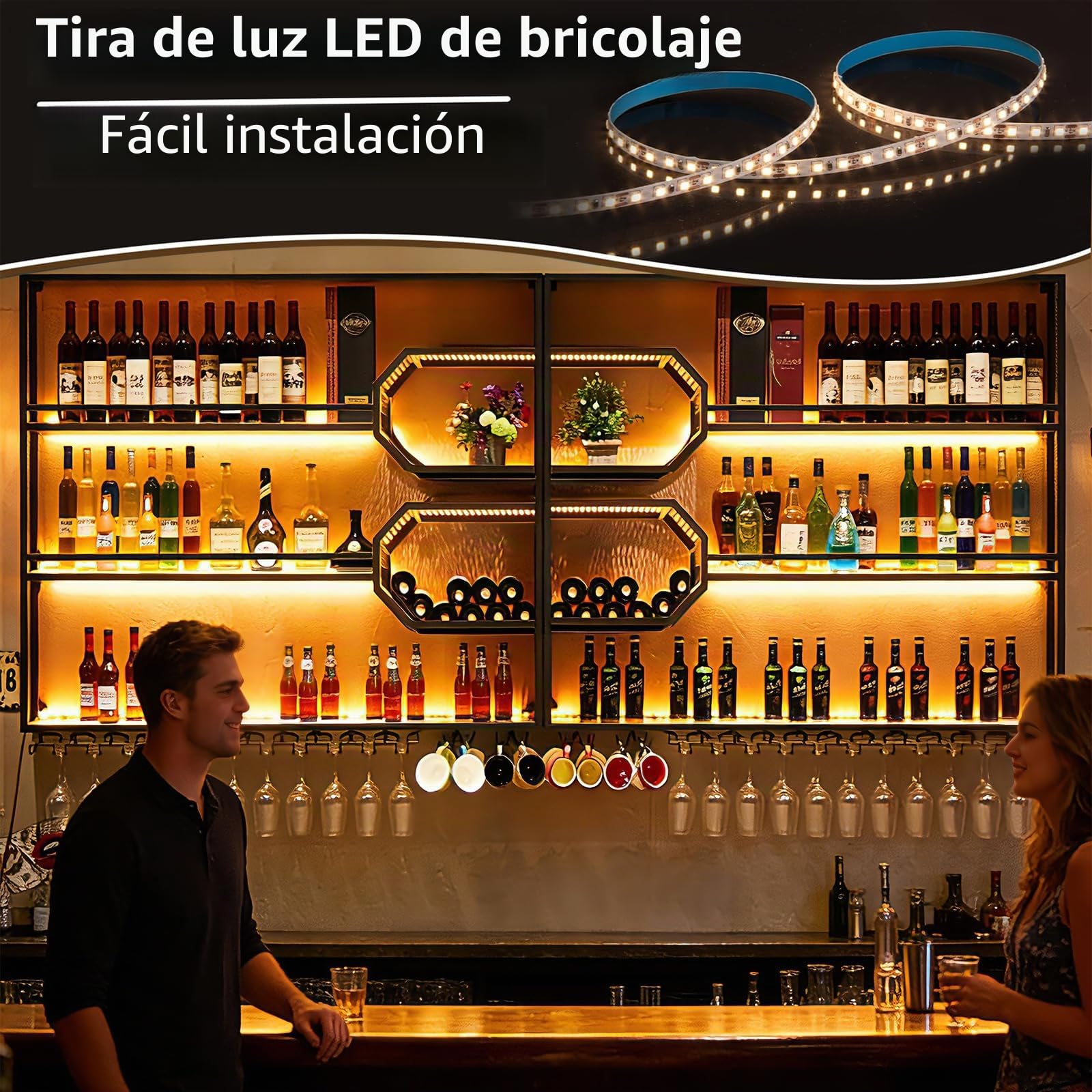 241cm Botellero Pared 4 Niveles LED y Copas Hierro Madera | Estante colgante hierro madera 4 niveles, tira LED cálida, soporte copas, 70 lbs/capa, fácil montaje, decoración bar