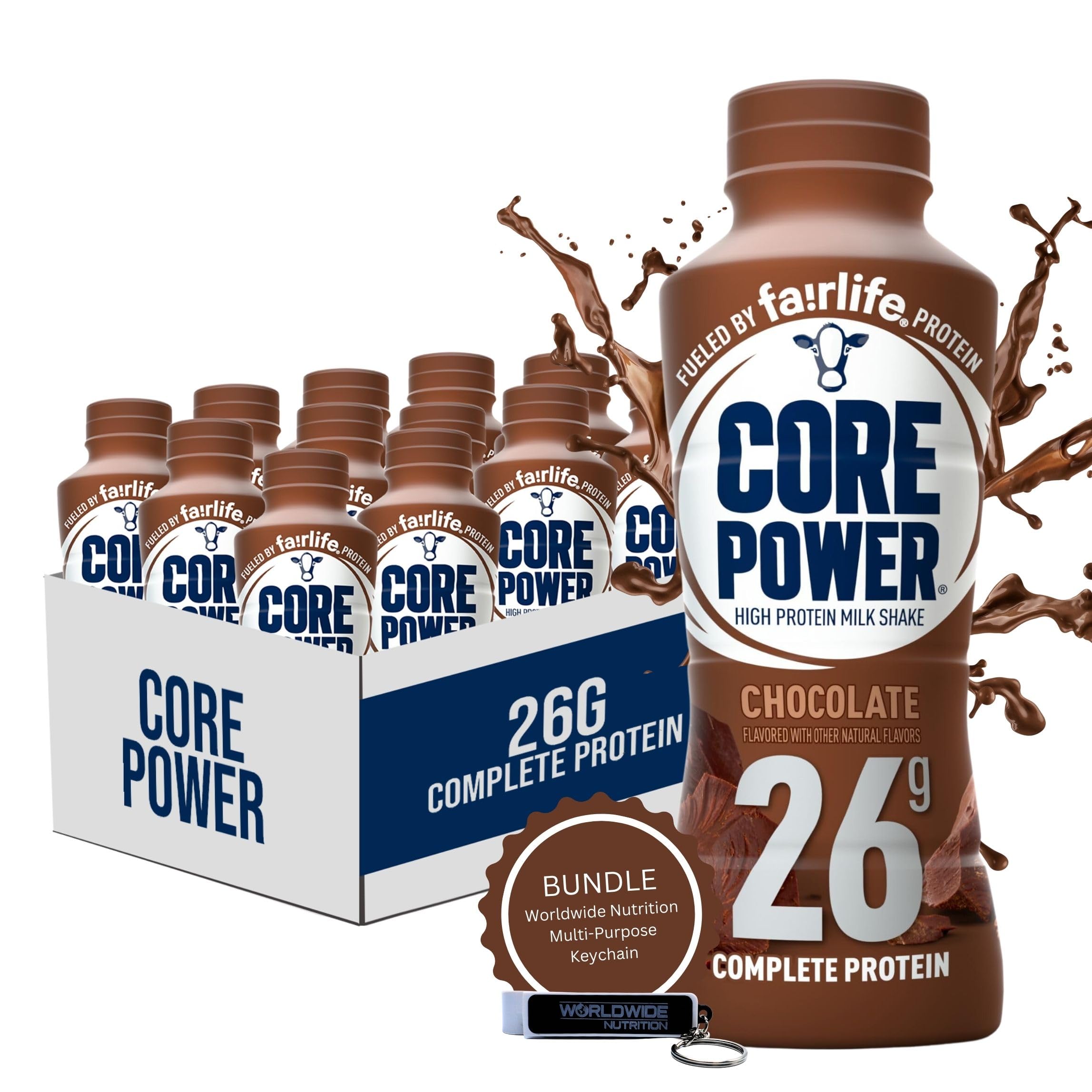Worldwide Nutrition Bundle: Core Power Fairlife 26g Protein Milk Shakes - Ready To Drink for Workout Recovery - Chocolate Flavor, 14 Fl Oz (Pack of 12) and Multi-Purpose Key Chain