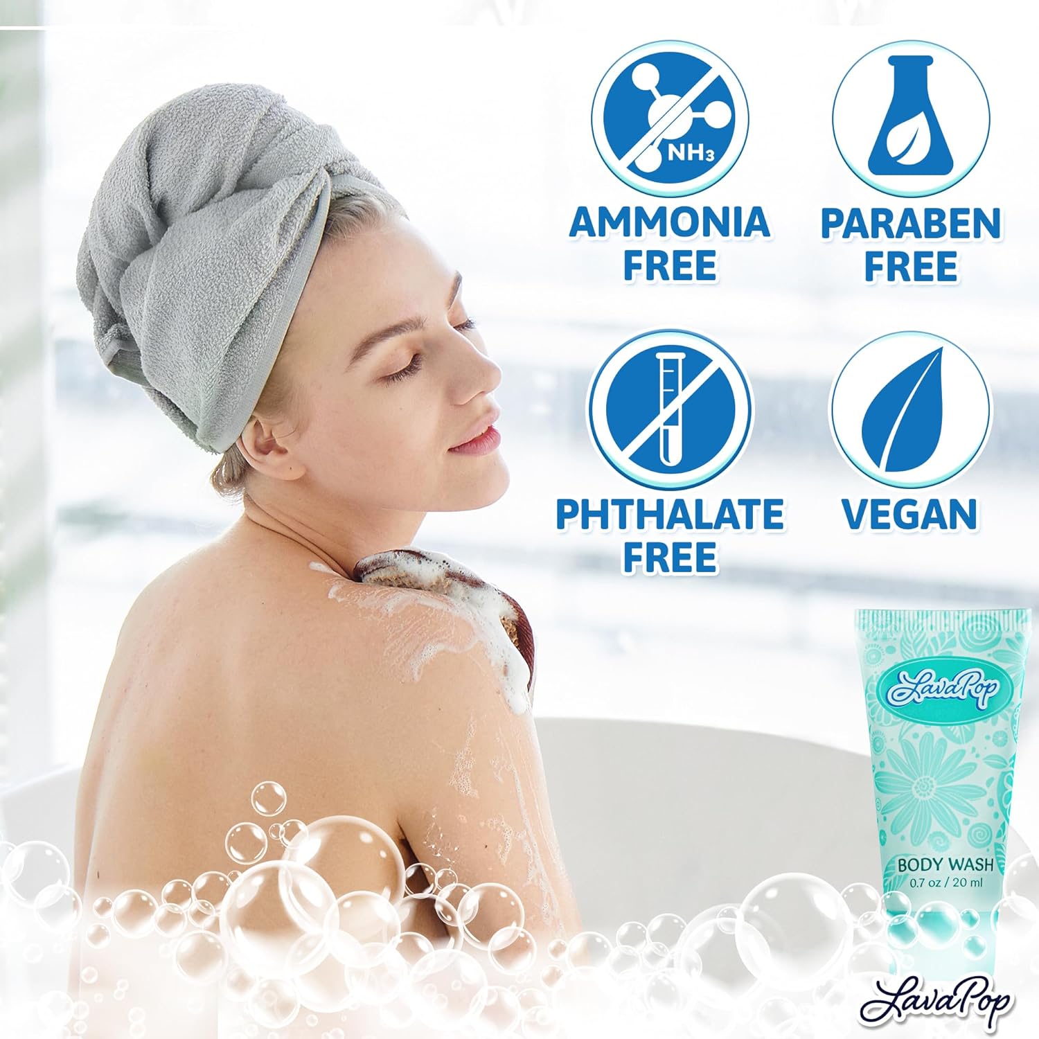 LavaPop - Travel Size Body Wash - Iris, Violet & Amber, 0.7 fl oz, 100 Pack - Delight Your Guests with Calming & Comforting Body Wash - Bulk Hotel Toiletries for Airbnb, Motels & Guest Rooms