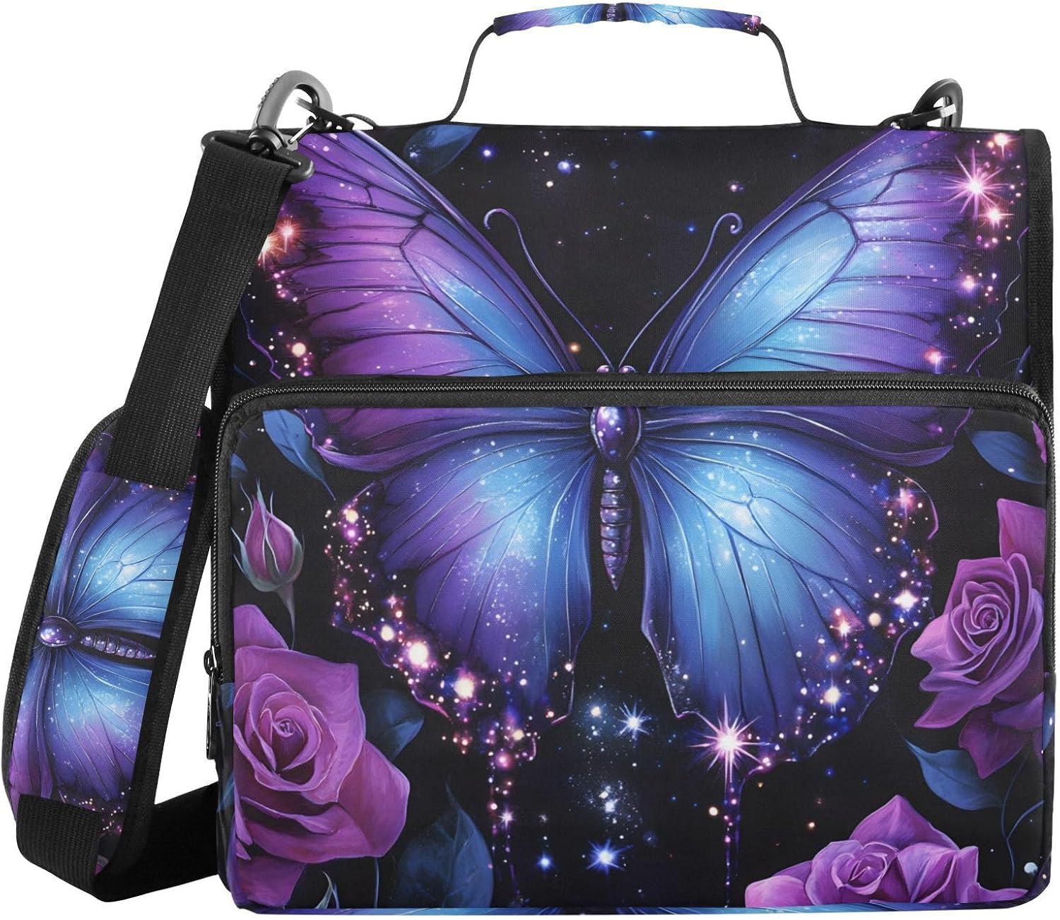 ALAZA Zipper Binder 3 Ring Purple Butterfly Rose Binder Organizer with Zipper and Shoulder Strap Large Capacity Multi-Pocket Trapper Keeper File Folder for Office Supplies