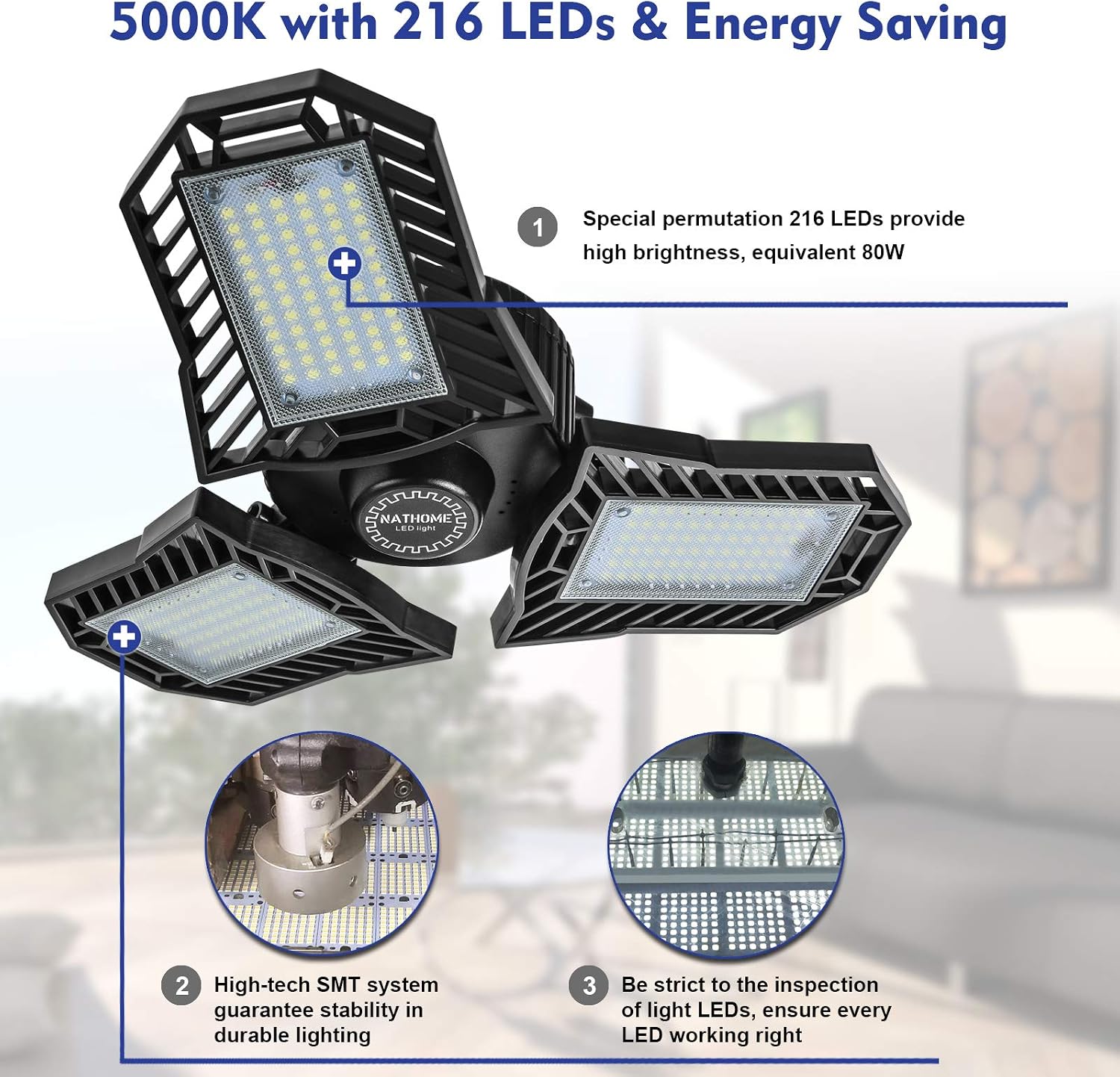 NATHOME led Garage Light, 216 LEDs(100W Equivalent) Garage Lighting/daylight 5000K/Aluminum Cooling system/deformable leaf garage light, indoor use Shop Lights,Workshop Light (Eqv 100W)