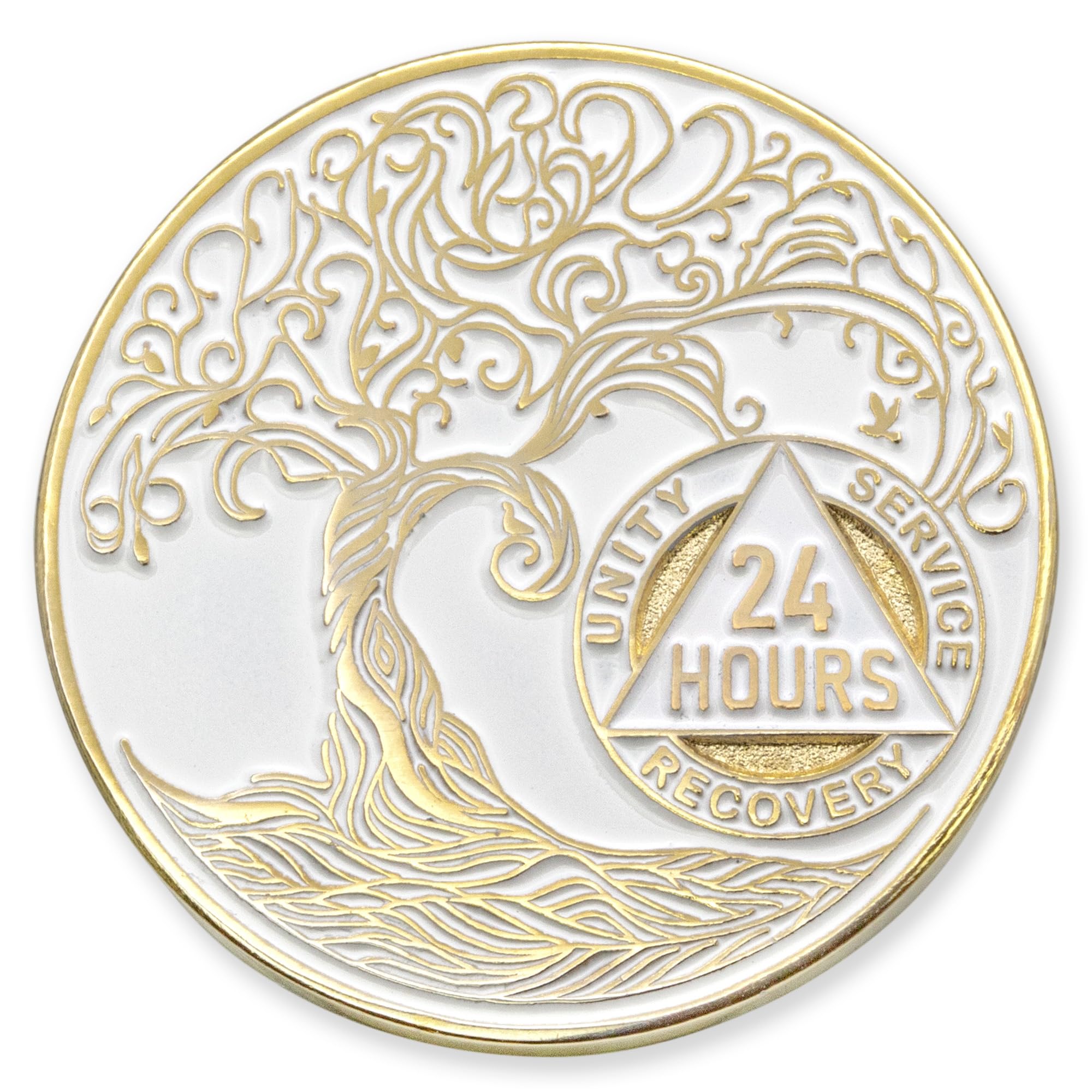 1 to 50 Year Twisted Tree of Life Sobriety Coin - Gold Plated AA Chips &amp; Medallions - 24 Hours/One Day at a Time Sobriety Coin - White