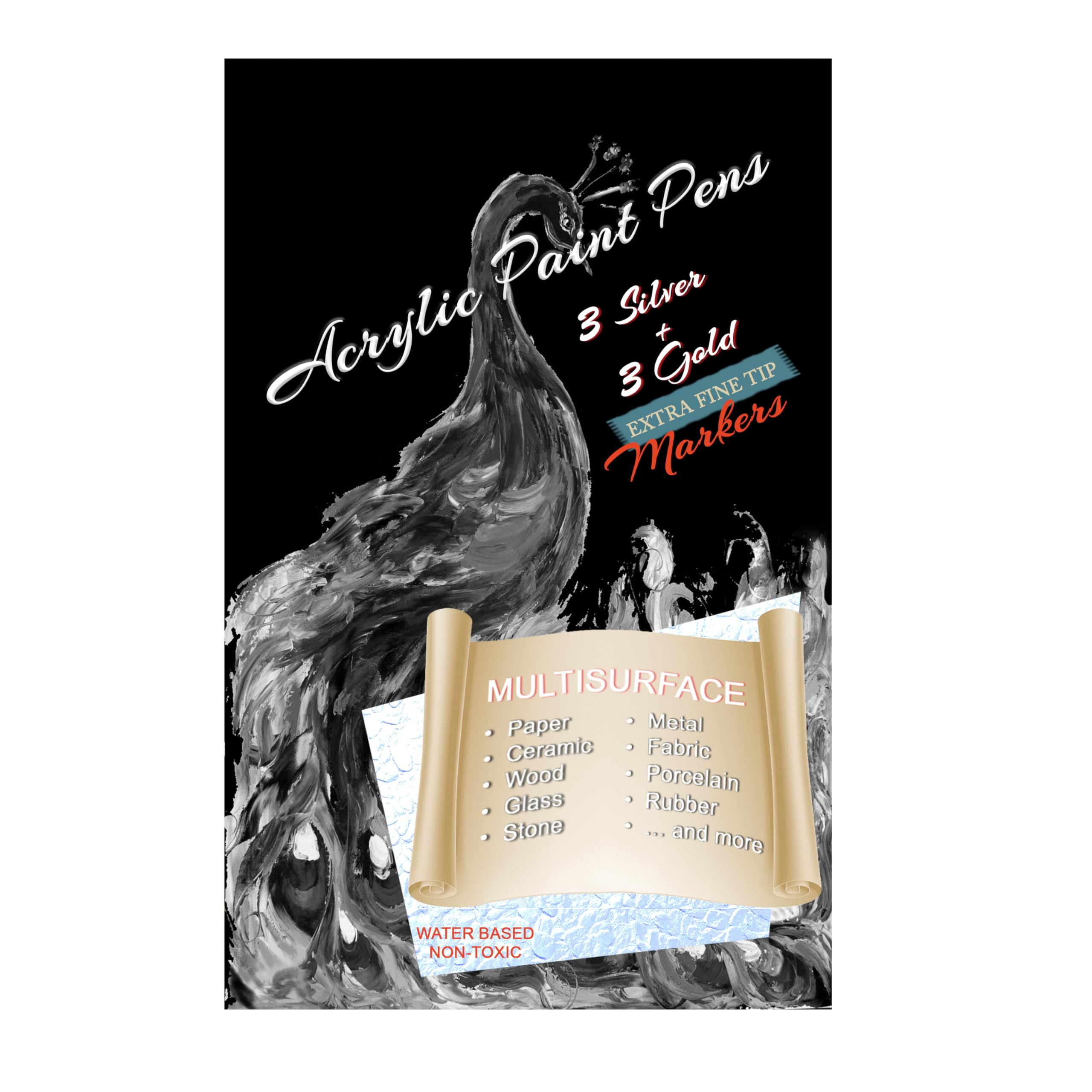 3+3 Pack Acrylic Markers Set, Professional Artists Sketch Pens for Leather, Plastic & Glass Paint Acrylic Pen, Vibrant Acrylic Paint Set, Waterproof Fine 0.7mm Tip Silver & Gold Marker