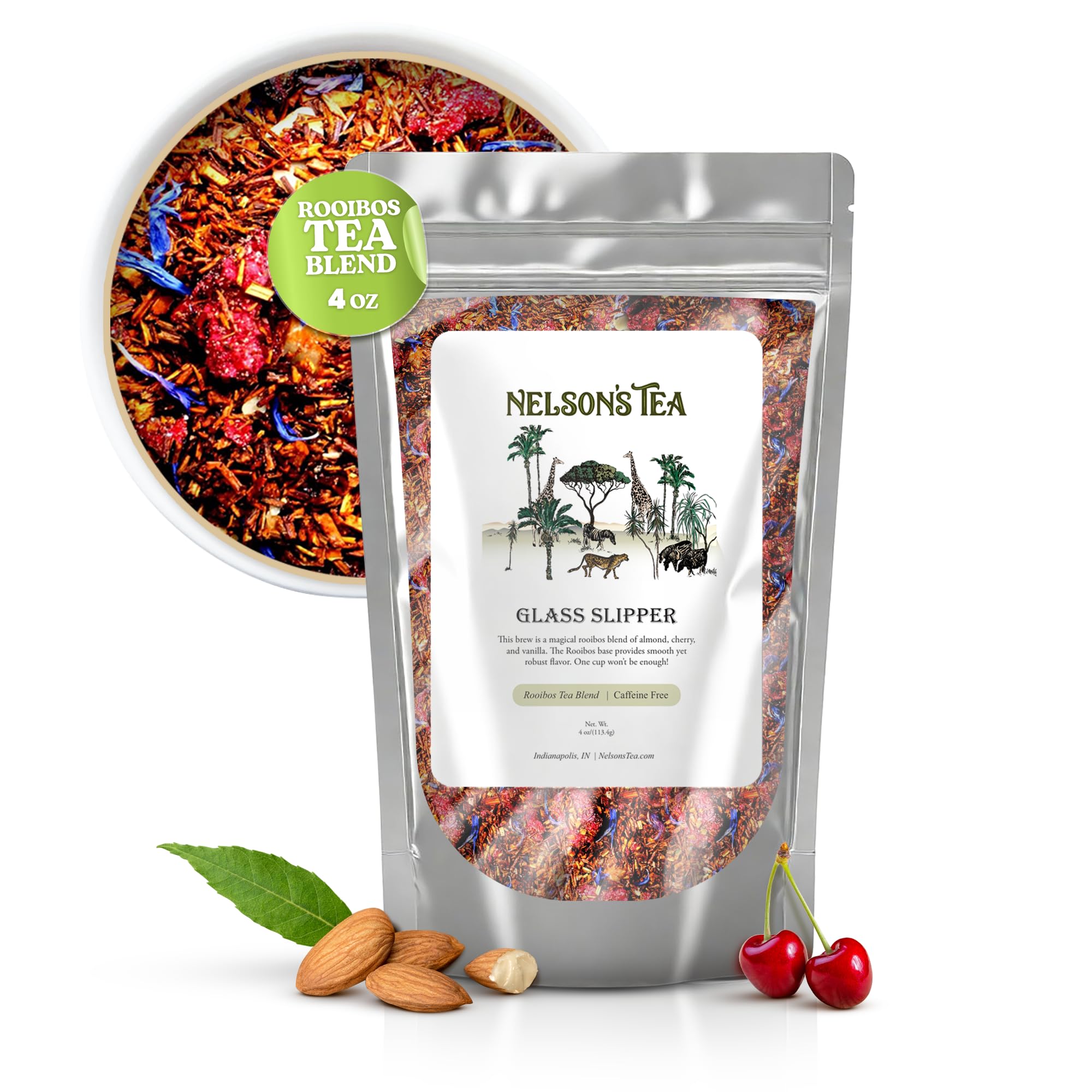 Nelson's Tea Glass Slipper - Caffeine Free Herbal Loose Leaf Tea, Curated Rooibos Blend with Almonds, Dried Cherries, Vanilla and Cornflowers -