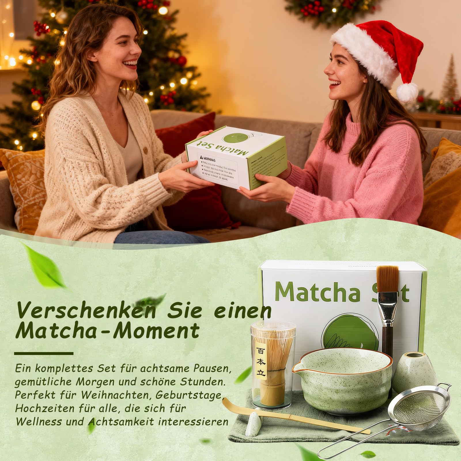 WERTIOO Matcha Set 8 Stück mit Handbuch - Matcha Tee Set, inkl. Keramik Matcha Schale, Schneebesenständer, Matcha besen, Matcha Sieb, Bambuslöffel, Perfektes Teegeschenk für Matcha Liebhaber (Grün)