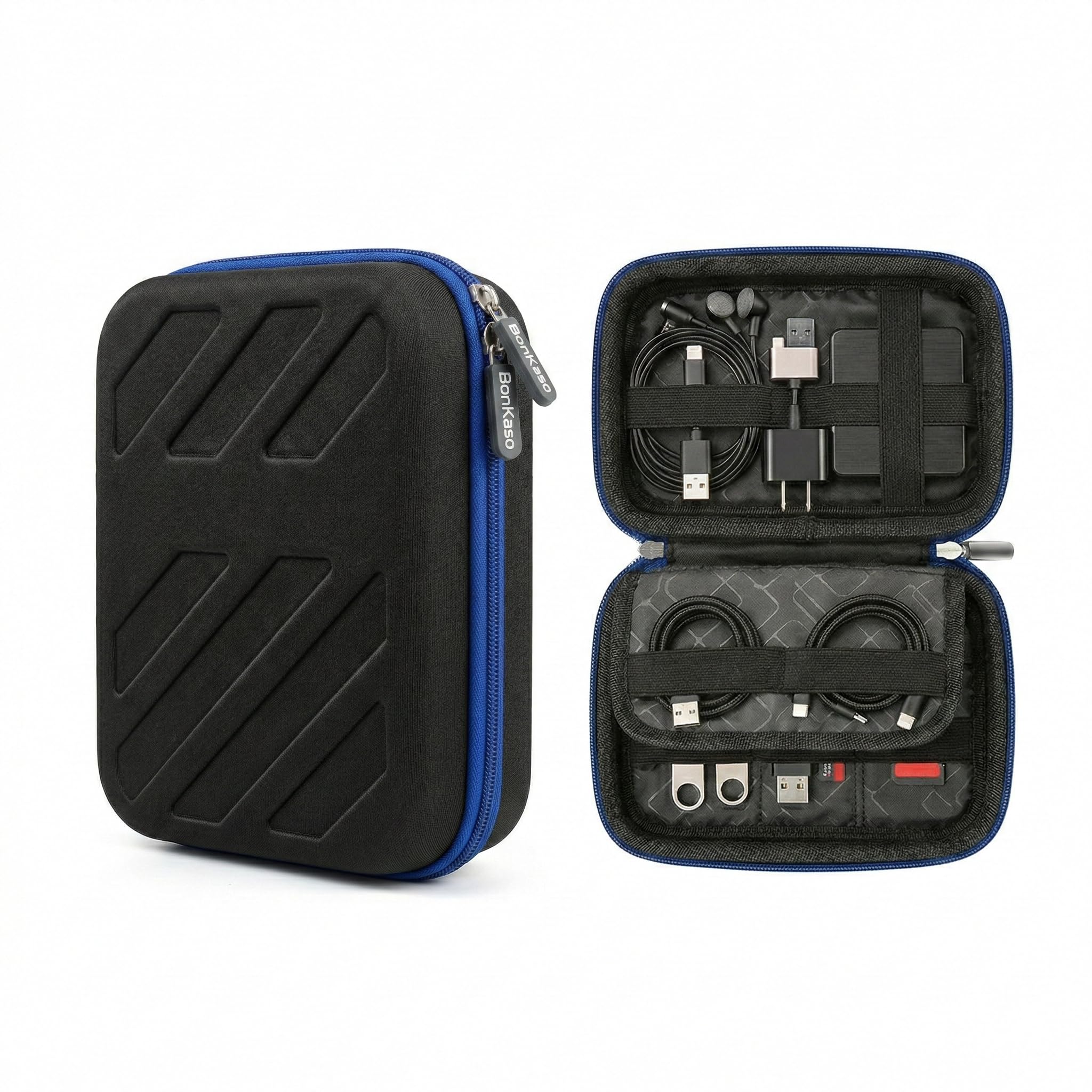 BonKaso EVA Portable Pouch for Electronic Accessories USB Cables, Power Bank, Battery, Portable Hard Drive, SD Memory Card, Earphones, Travel Gadgets Travel Friendly Case - Black & Blue-image-6