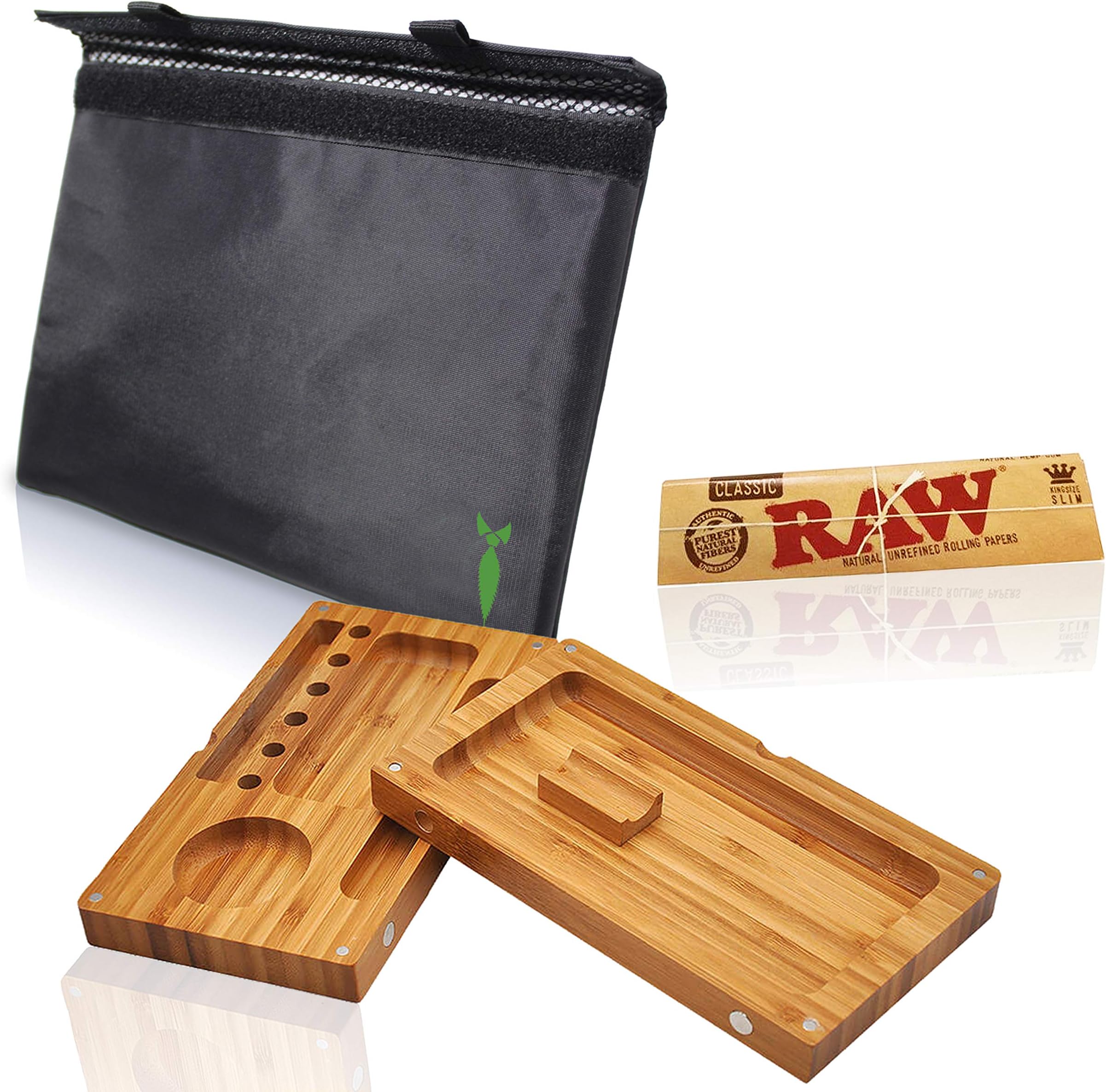 Discreet Kit Large Flip Bamboo Rolling Tray Stash Box Bundle with 11x9 Smell Proof Bag and Papers (Flip Tray)