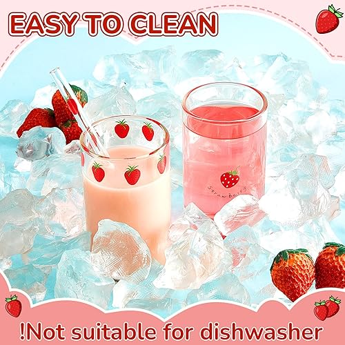 Miniatura 5 de Tessco for you 2 juegos de tazas de vidrio de fresa Nana con popote para beber, diseño de cerezas, con diseño de bayas, para jugo, agua, leche,