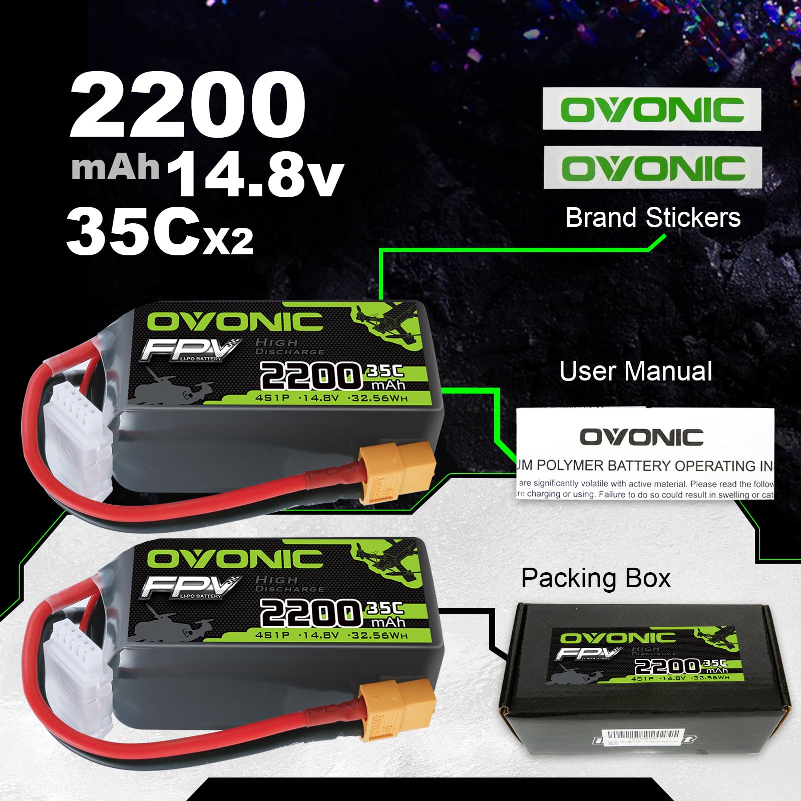 OVONIC Batteria LiPo 4S, 2200 mAh, 35C, 14,8 V, con spina XT60, per aereo Heli FPV RC Car RC (2 pezzi)