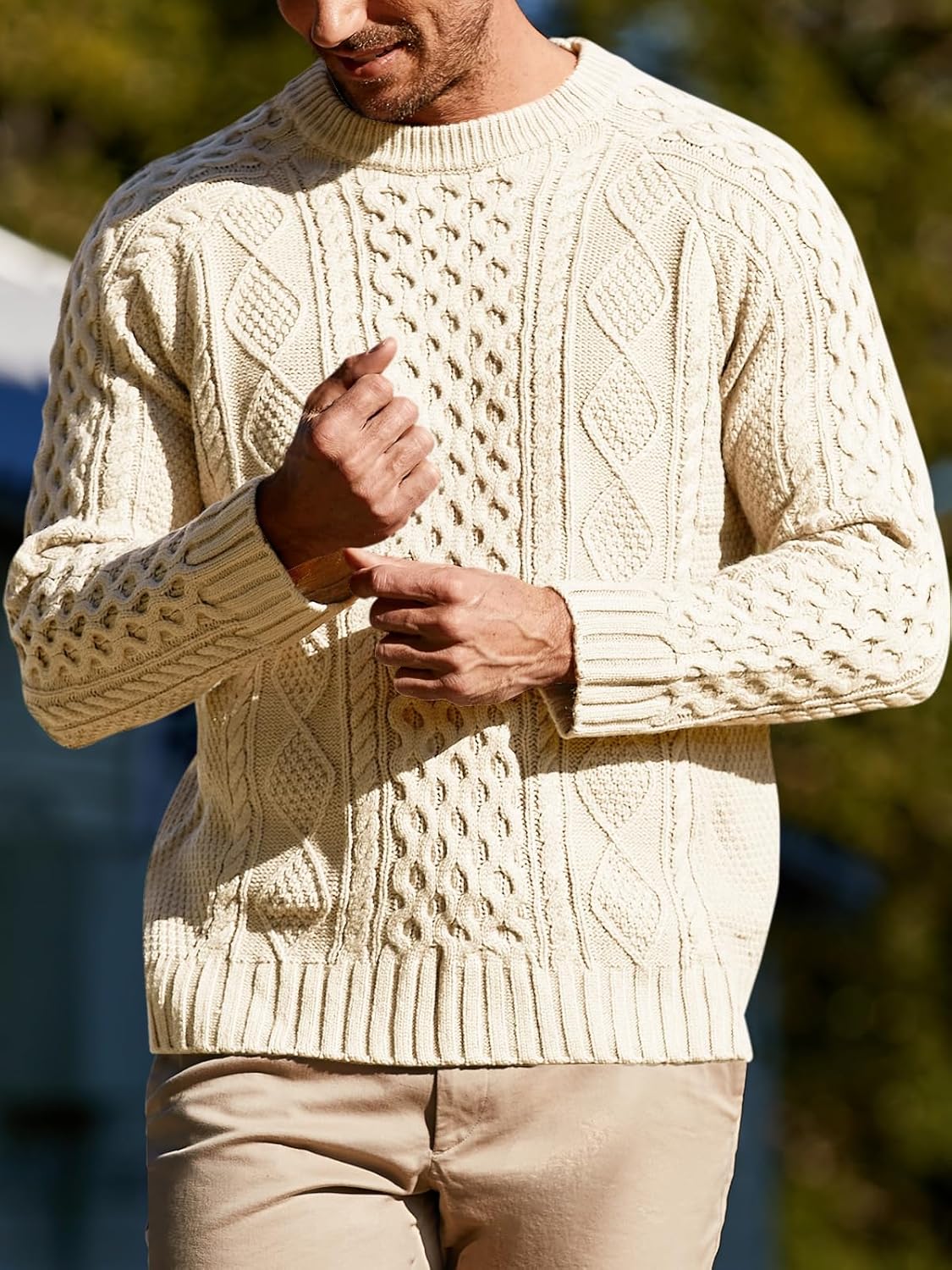 Runcati Mens Long Sleeve Cable Knit Pullover Sweater Fisherman Twist Patterned Crewneck Sweater - Image 3
