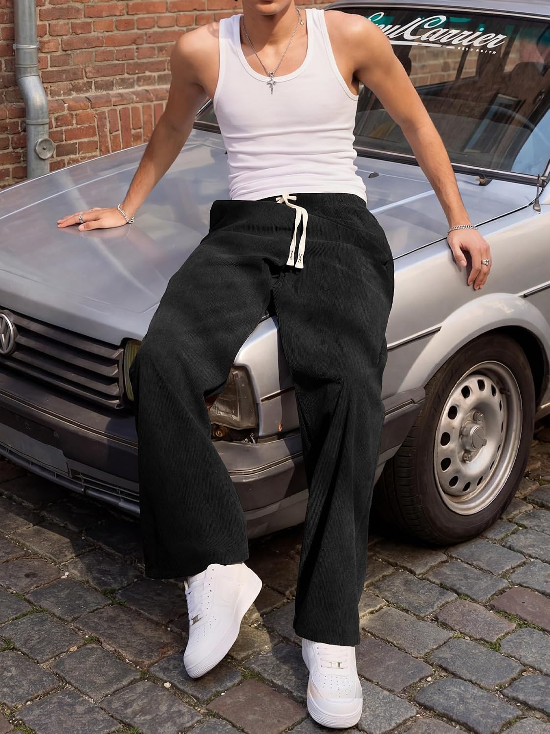 JMIERR Mens Corduroy Pants Casual Baggy Pants Wide Leg Loose Fit Joggers Sweatpants Elastic Waist Drawstring with Pockets