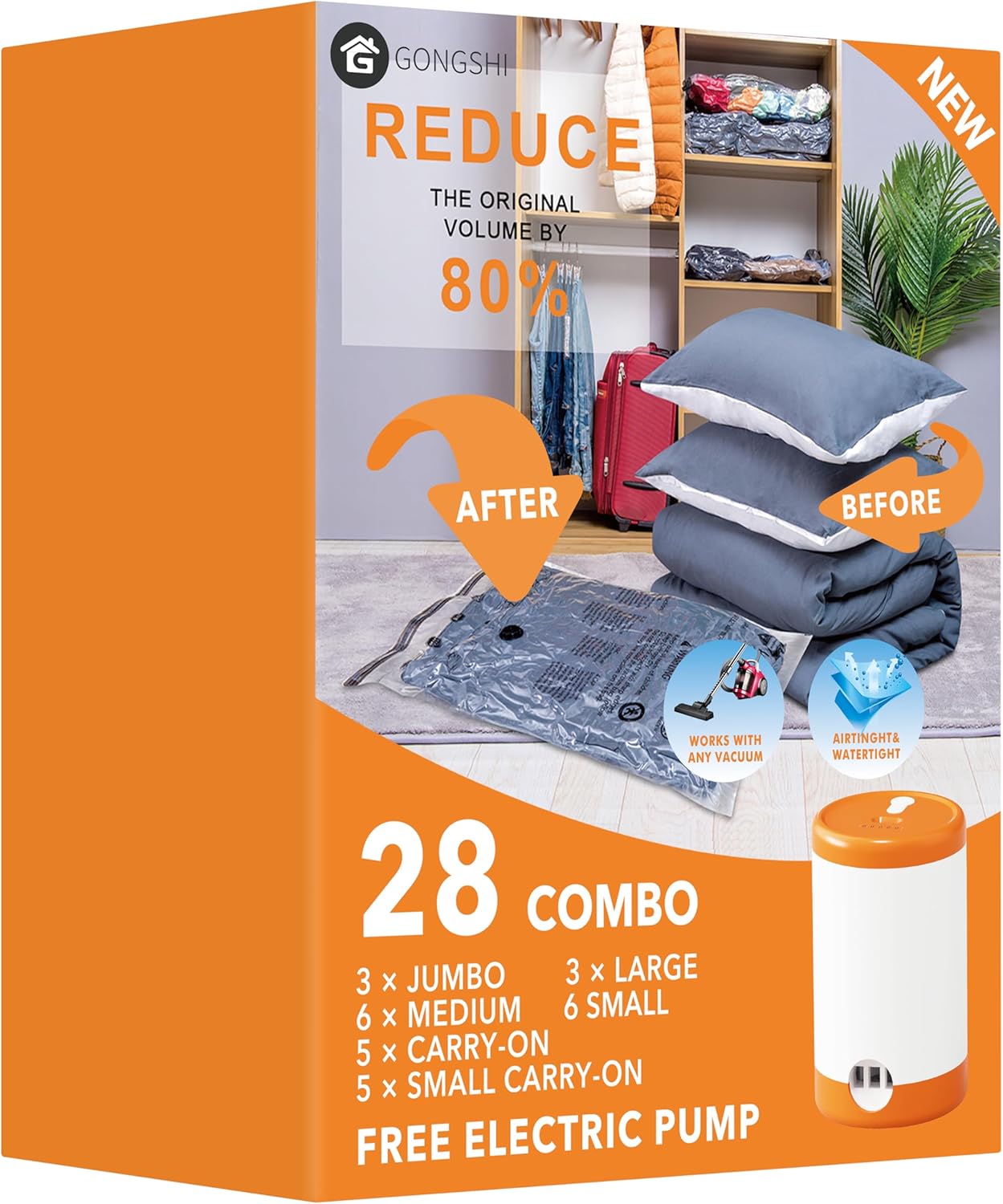 28 Pack Vacuum Storage Bags with Electric Pump, Plastic Packaging Bags,Space Saver Bag for Clothes, Mattress, Blanket, Duvets, Pillows, Comforters, Travel 28 Combo-EPUMP