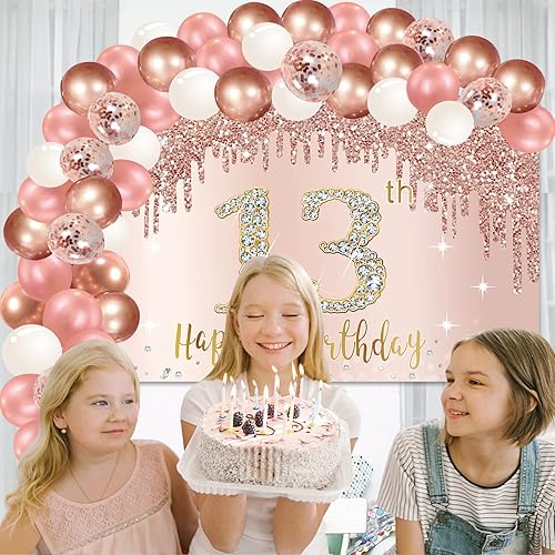 Miniatura 6 de Cartel de feliz cumpleaños 13 con arco de guirnalda de globos de confeti, juego de globos de oro rosa para niñas, póster de cumpleaños rosa de 13