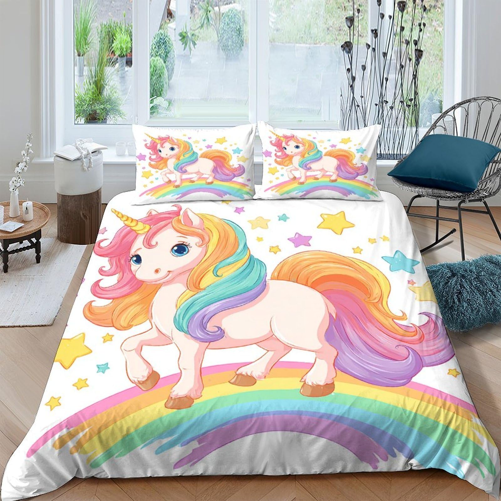 Ctjqhvkz Style-1 3D Printed Rainbow Unicorn Fitted Sheet Microfiber Soft Colorful Stars Bed Cover For Bedroom Guest Room Decor Single（135X200cm）