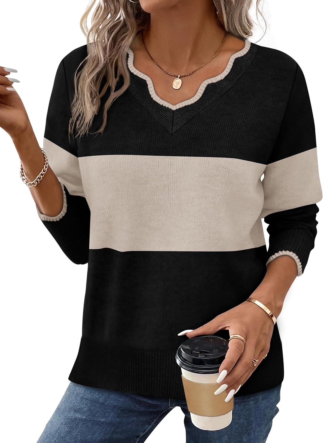 OFEEFAN Womens V Neck Sweaters Pullover Cozy Lightweight Sweaters Long Sleeve Tops Winter Clothing 2026