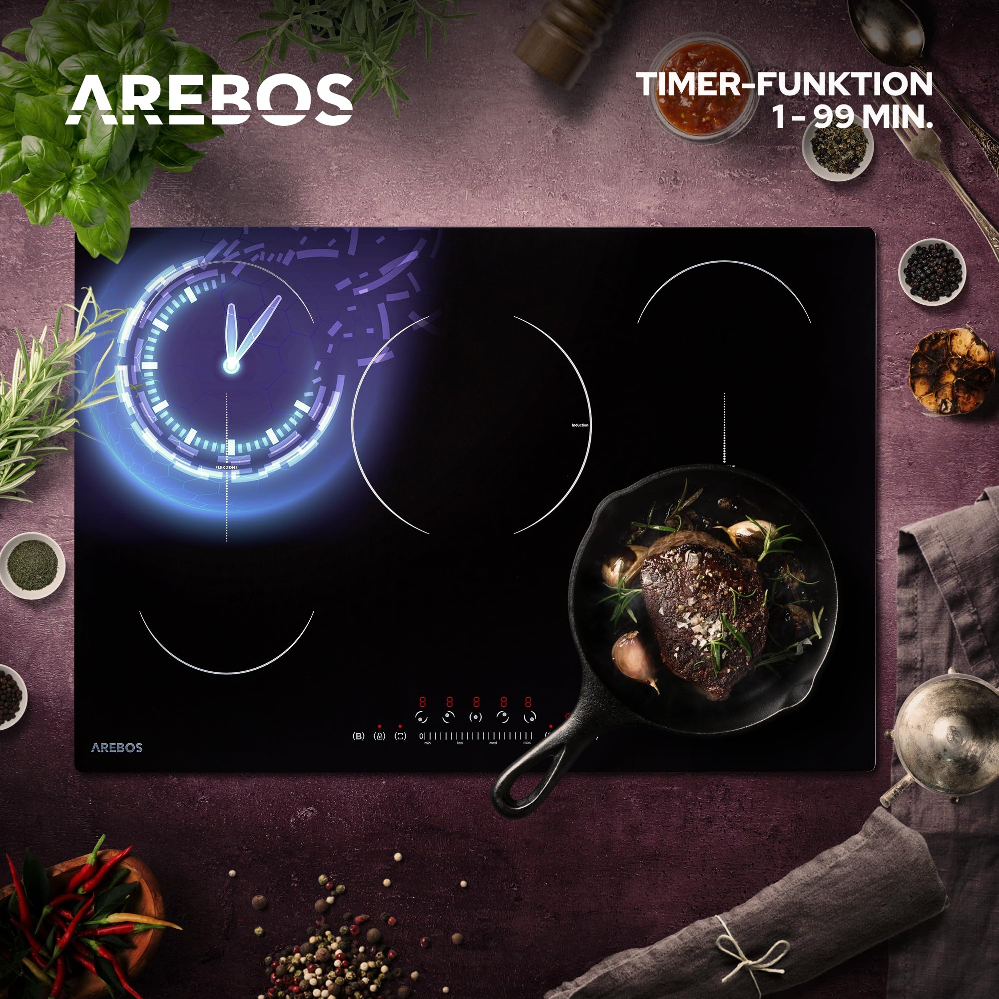 Arebos Induktionskochfeld mit Booster-Funktion | 9800 W | 5 Kochfelder 2 Flexzonen | 77 cm | Autark Schnellaufheizung | mit Sensor Touch, Timer, Kindersicherung, Überhitzungsschutz, Autoabschaltung