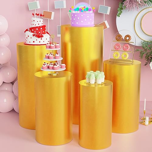 Juego de 5 fundas para pedestal de elastano cilíndrico, color dorado, para fiestas, bodas, pilares, baby shower, mesas de postre, fiesta de