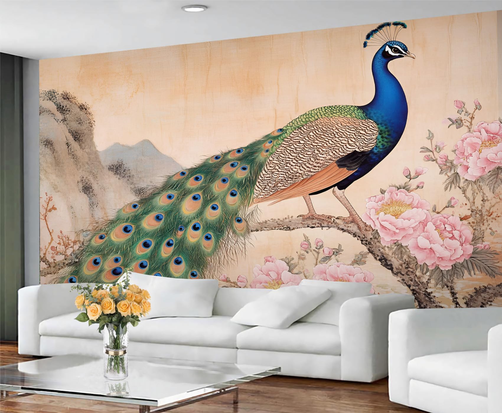 GIVLWF Chinese Peacock Wallpaper, Peacock Feather Bedroom Wallpaper, Gorgeous Animal Wall Paper for Living Room, Not Self Adhesive Vintage Bird Wall Mural, Exotic Large Mural & Room Decor